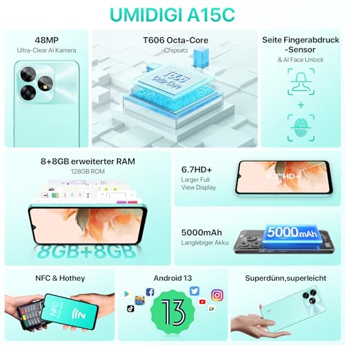 UMIDIGI A15C Smartphone Ohne Vertrag 2023, 4G Handy Ohne Vertrag, Octa-Core 16GB(8GB+8GB)+128GB/1TB, 48MP+8MP, 6,7" HD+Display, 5000mAh, Dual SIM Android 13 Simlockfreie Handys, NFC/Face ID/OTG/GPS - Image 2