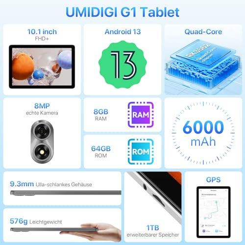 UMIDIGI G1 TAB 10.1 Zoll Tablet, Tablet Android, 8GB RAM (4GB+4GB), 64GB ROM(1TB TF), RK3562 Quad Core Gaming Tablets PC mit 6000 mAh Akku, 8MP+8MP, BT5.0, WiFi 6, GMS, Grau - Image 8