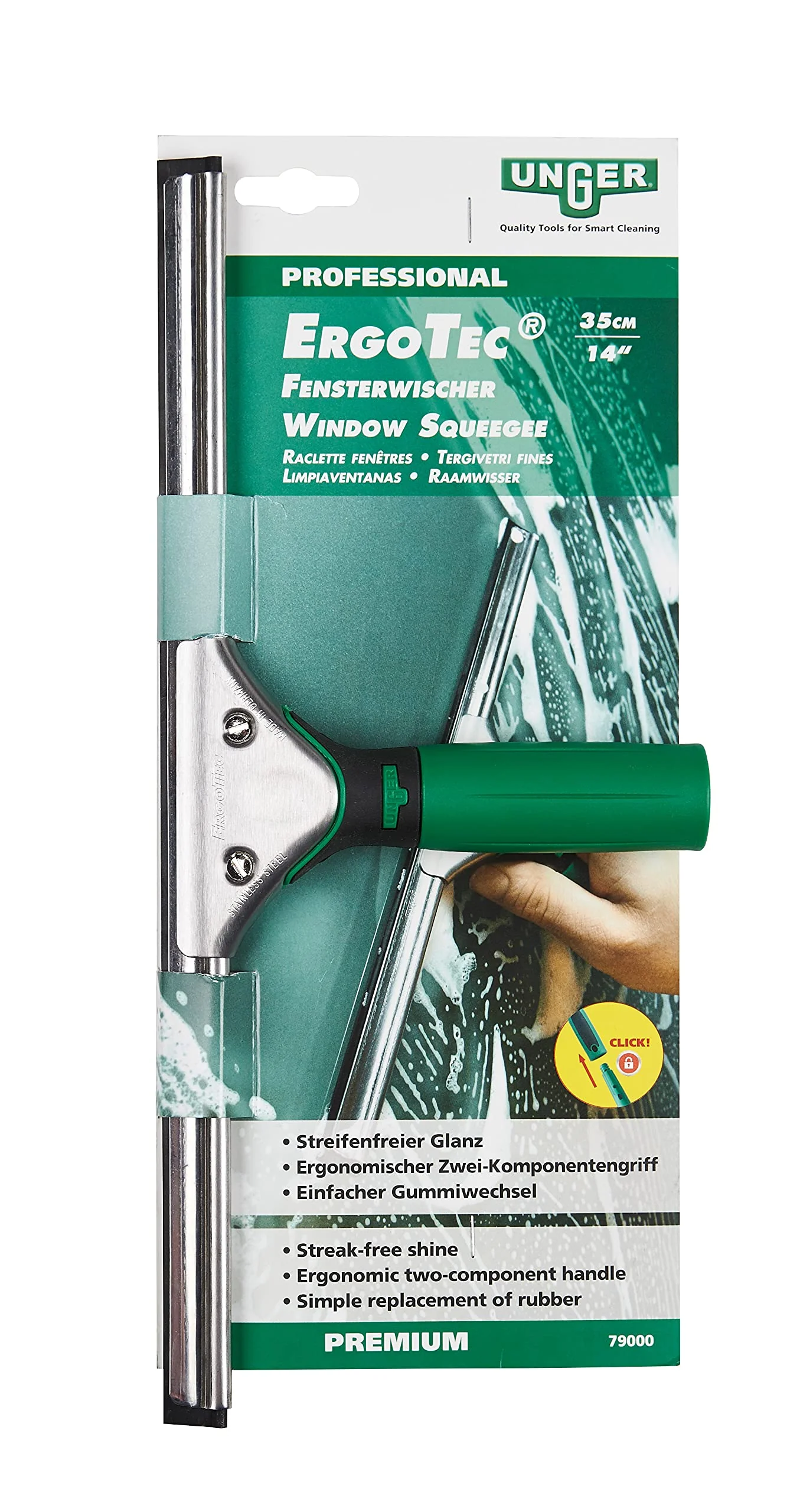 Unger ErgoTec 79001 Fensterabzieher, 45 cm, Gummi-Abziehklinge, Edelstahlkanal & Gummigriff – Fensterreinigungsausrüstung - Image 2
