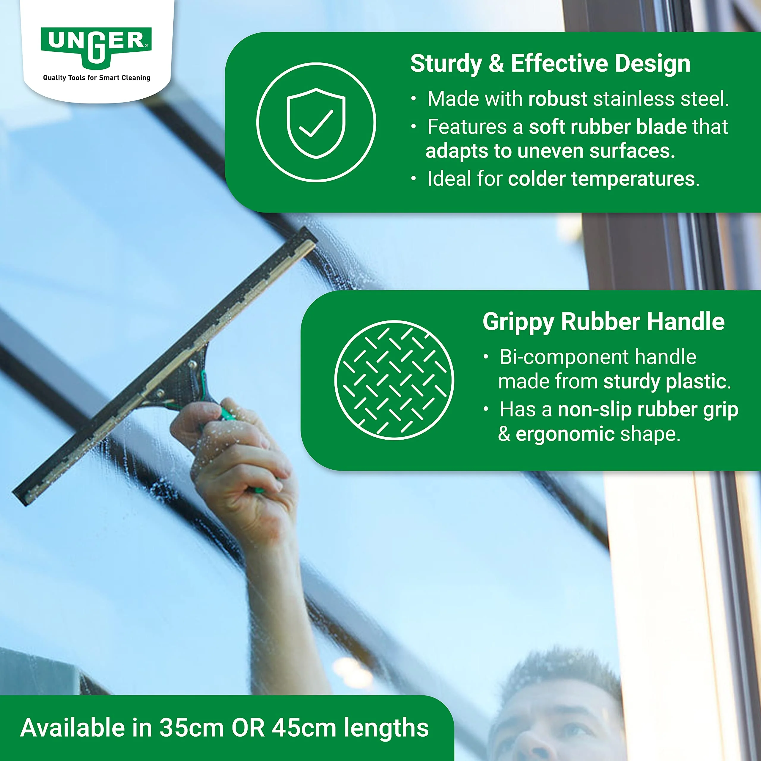 Unger ErgoTec 79001 Fensterabzieher, 45 cm, Gummi-Abziehklinge, Edelstahlkanal & Gummigriff – Fensterreinigungsausrüstung - Image 9