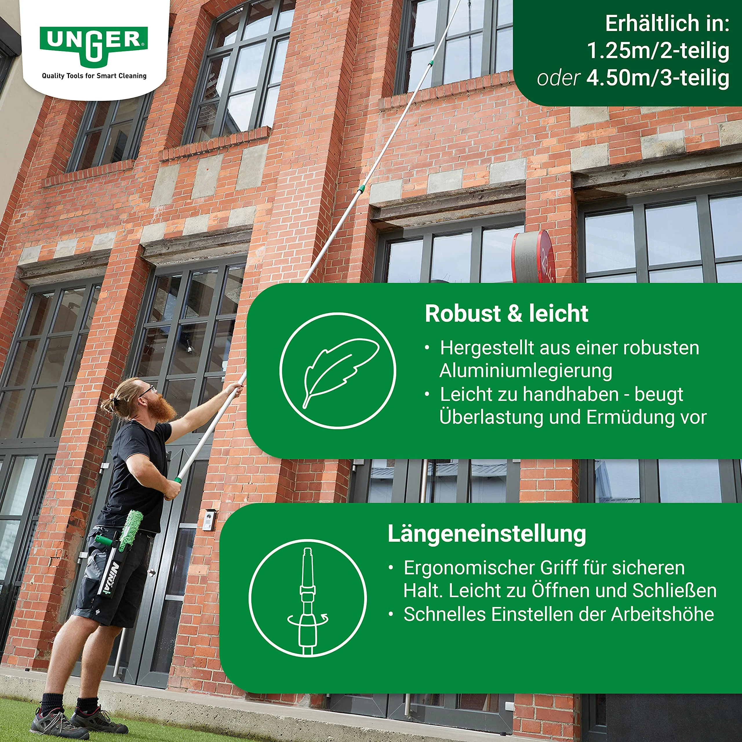 UNGER OptiLoc Teleskopstange 4,50 cm (kompatibel mit UNGER Fensterreinigungswerkzeugen, ergonomischer Griff, Anti-Rutsch-Endkappe, 2-Komponenten Drehverschluss) ED450 - Image 5