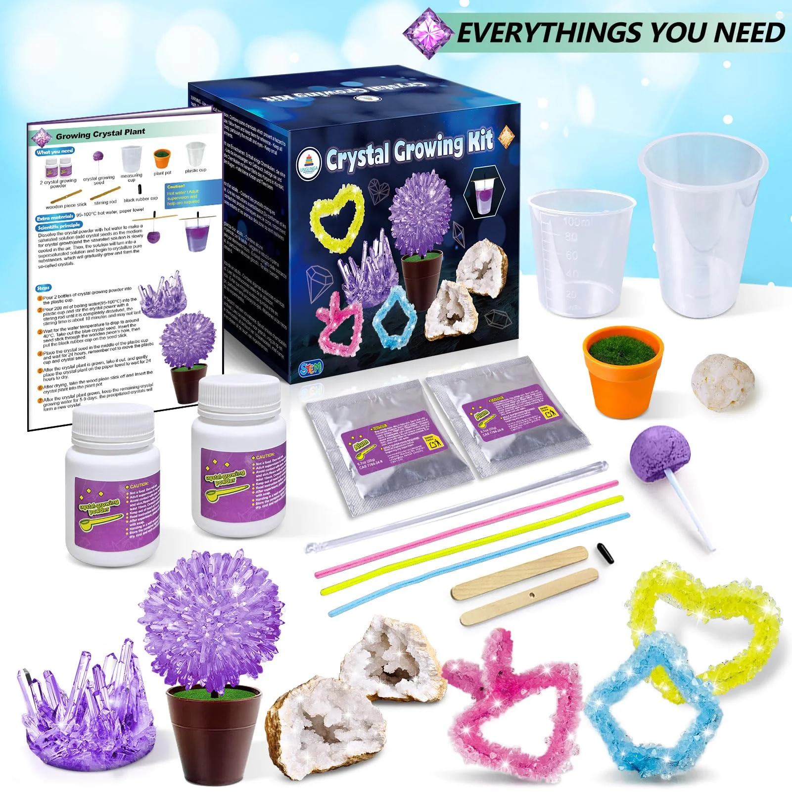 UNGLINGA Kristall-Zucht Experimentierset für Kinder, aufbrechbare Geoden Kristalle Experimentierkästen Geschenk Experimente fürs Kinderzimmer mit vielen Formen, Farben und Größen - Image 3
