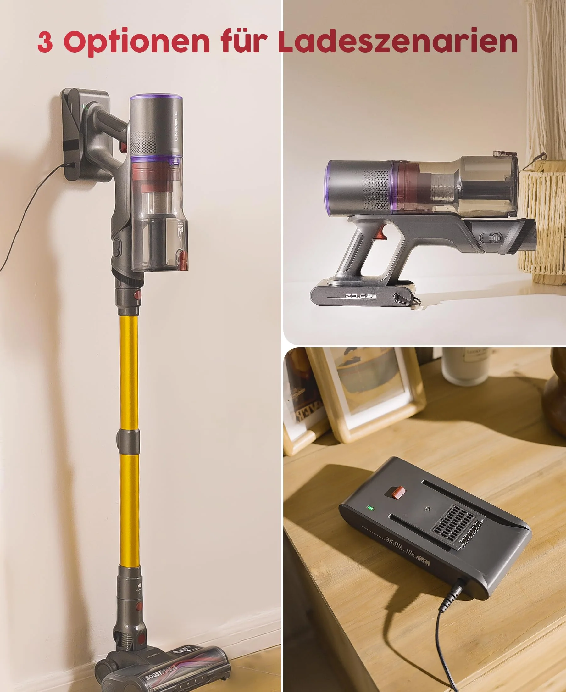 UNINELL HOME Akku Staubsauger,48000Pa/550W/65Mins Staubsauger Kabellos mit Selbststehende,1.6L Akkustaubsauger mit Anti-Tangle-Bürste,LED Touchscreen,Super Leise für Hartböden Teppiche Tierhaare Auto - Image 4