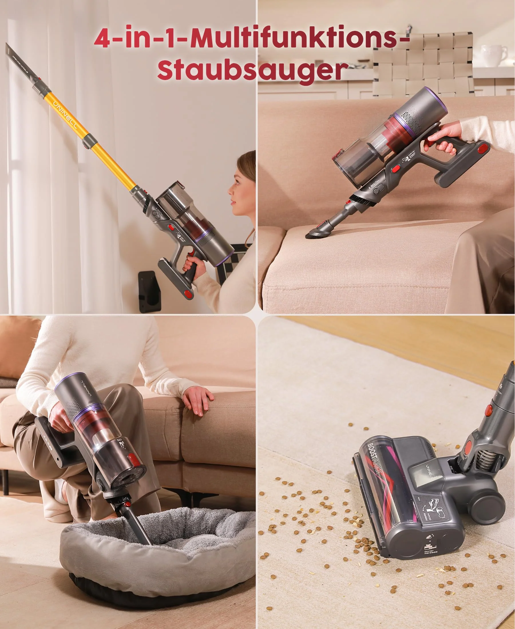 UNINELL HOME Akku Staubsauger,48000Pa/550W/65Mins Staubsauger Kabellos mit Selbststehende,1.6L Akkustaubsauger mit Anti-Tangle-Bürste,LED Touchscreen,Super Leise für Hartböden Teppiche Tierhaare Auto - Image 7