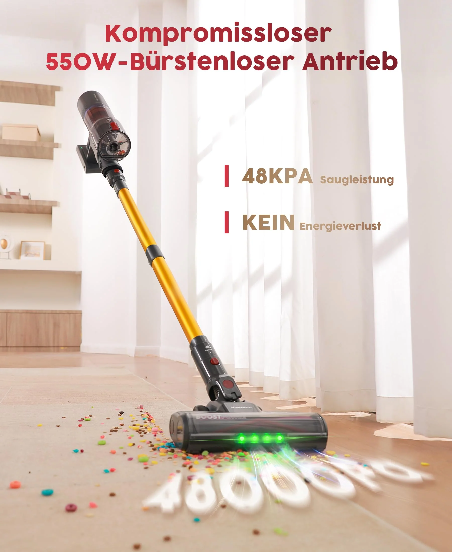 UNINELL HOME Akku Staubsauger,48000Pa/550W/65Mins Staubsauger Kabellos mit Selbststehende,1.6L Akkustaubsauger mit Anti-Tangle-Bürste,LED Touchscreen,Super Leise für Hartböden Teppiche Tierhaare Auto - Image 9