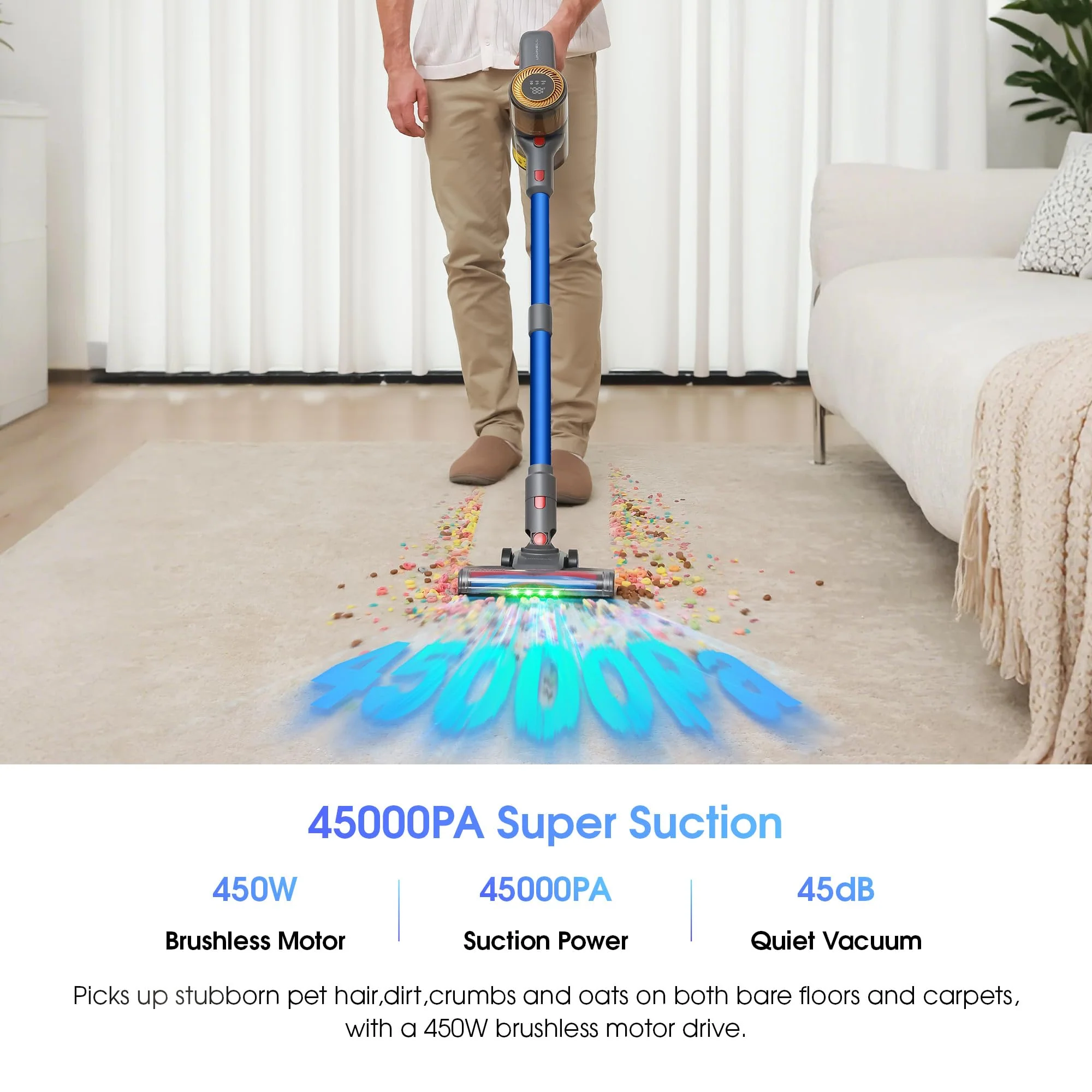 UNINELL Home UV1 Akku Staubsauger 45000Pa/450W/60Min,Staubsauger Kabellos Selbstladender mit LED-Display, Anti-Verhedderung-Bürste akkustaubsauger Super Leise für Teppich,Hartboden und Tierhaare