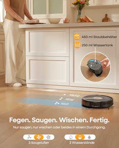 uninell Saugroboter mit Wischfunktion 5000Pa, Staubsauger Roboter 3 in 1 mit 180Min Laufzeit, Staubsaugroboter mit Auto-Teppich-Boost Roboterstaubsauger für Tierhaare Teppich Böden, APP Steuerung - Image 3