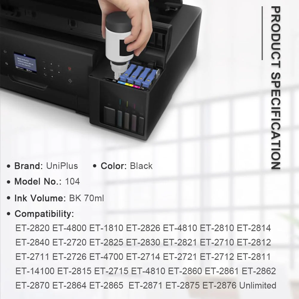 UniPlus Tinte 104 Kompatibel für Epson 104 Multipack Schwarz Druckerpatronen ET-2870 ET-2820 ET-4800 ET-1810 Kompatibel für Epson Ecotank ET-2826 ET-4810 ET-2810 ET-2814 ET-2840 ET-2720 ET-2825 Tinte - Image 7