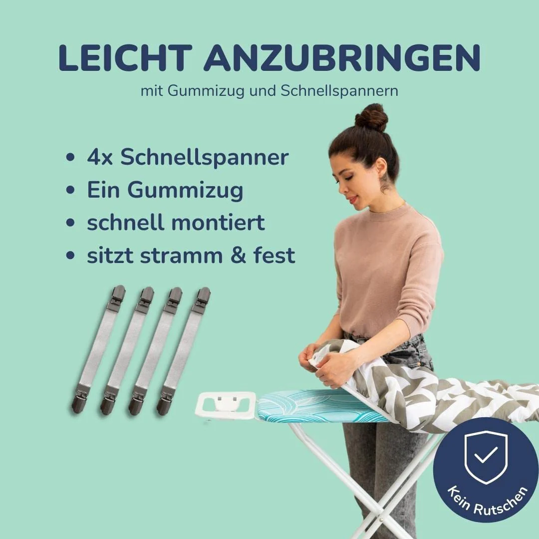 Universaler Bügelbrettbezug bis 125x45 extra dicke Baumwolle - Bügelauflage Set inkl. Bügelhilfe, Spanner, Bügeldecke - Bügelbrett Bezug 12x40 für Dampfbügeleisen