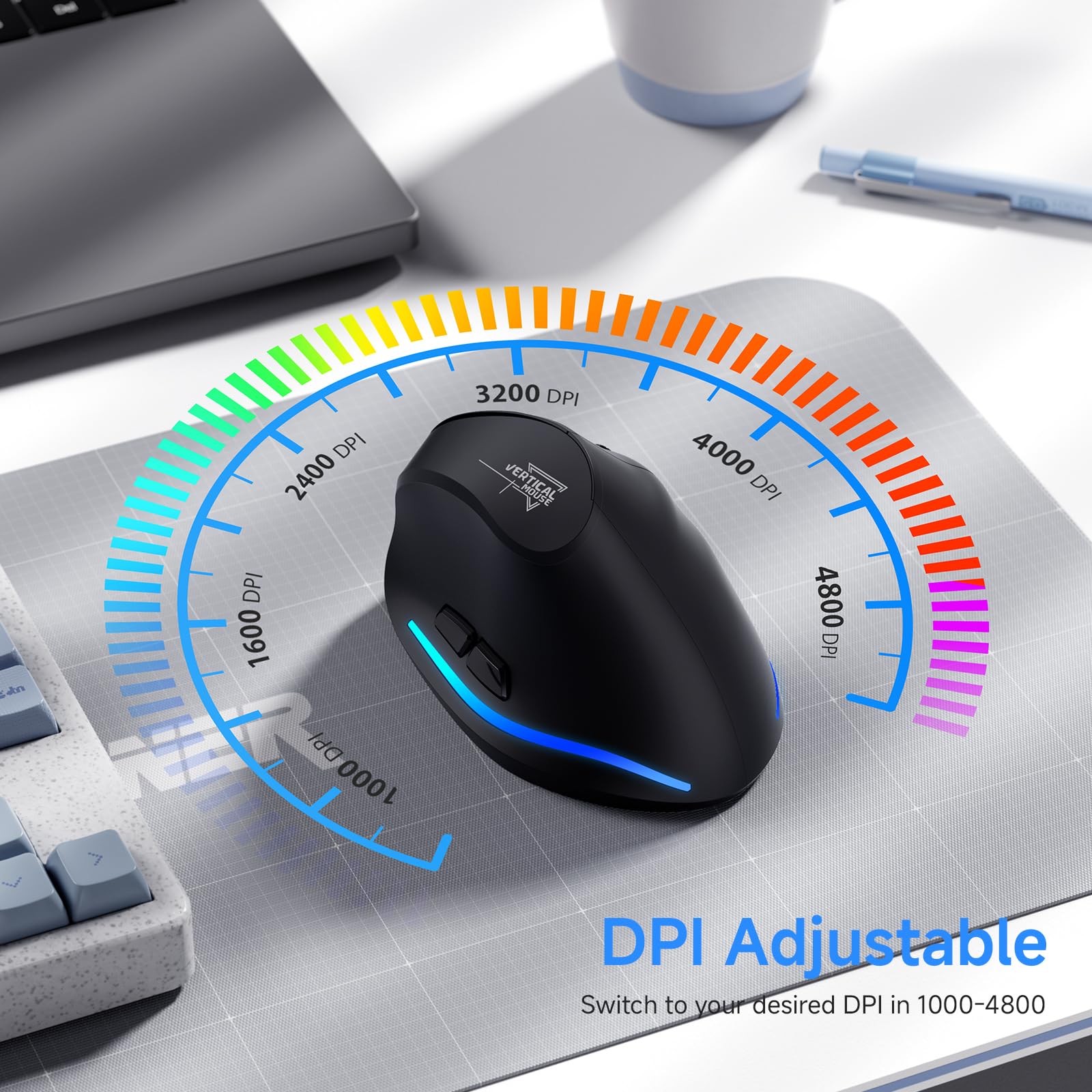 Update-Version 2.4G Vertikale Ergonomische Maus, Silent RGB Vertical Maus, 4800 DPI, 6 Tasten Wiederaufladbare Funkmaus PC Maus Kabellos für Windows/Laptop/PC, Wireless Ergonomic Mouse - Image 4