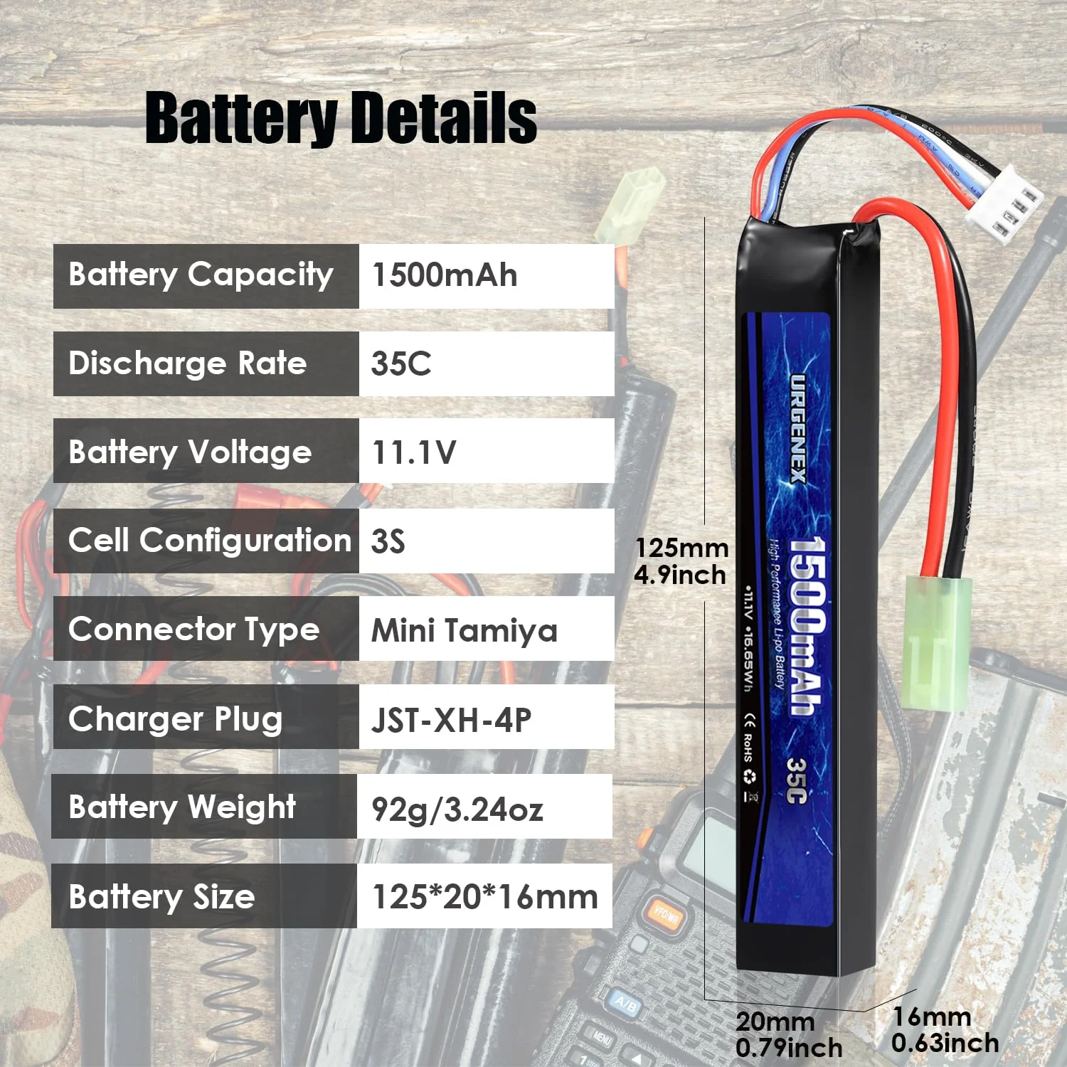 URGENEX Airsoft Akku 11.1V 1500mAh 35C High Discharge Rate Lipo Battery Pack with Mini Plug Rechargeable 3S Lipo Battery for Airsoft Model Guns - Image 7