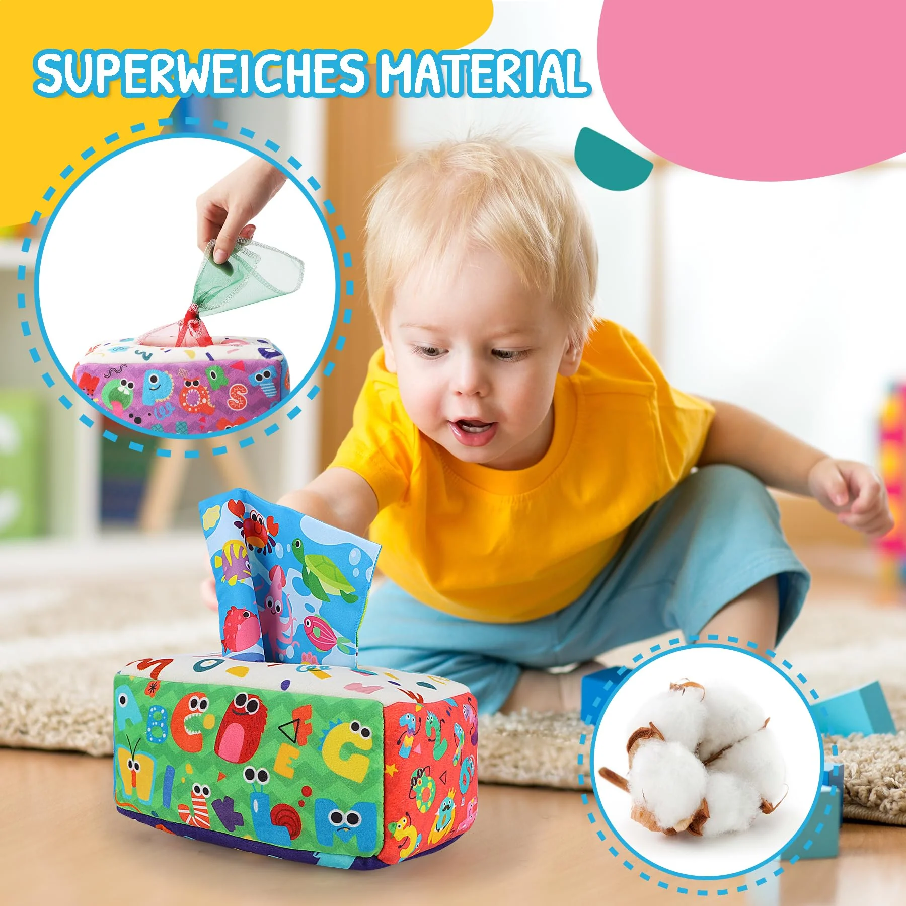 URMYWO Baby Spielzeug 6 Monate,Tissue Box Spielzeug - Montessori - Sensorik, Kontrast BabySpielzeug 0 6 12 Monate, Junge Mädchen Kinder Frühes Lernspielzeug Baby Geschenk - Image 3