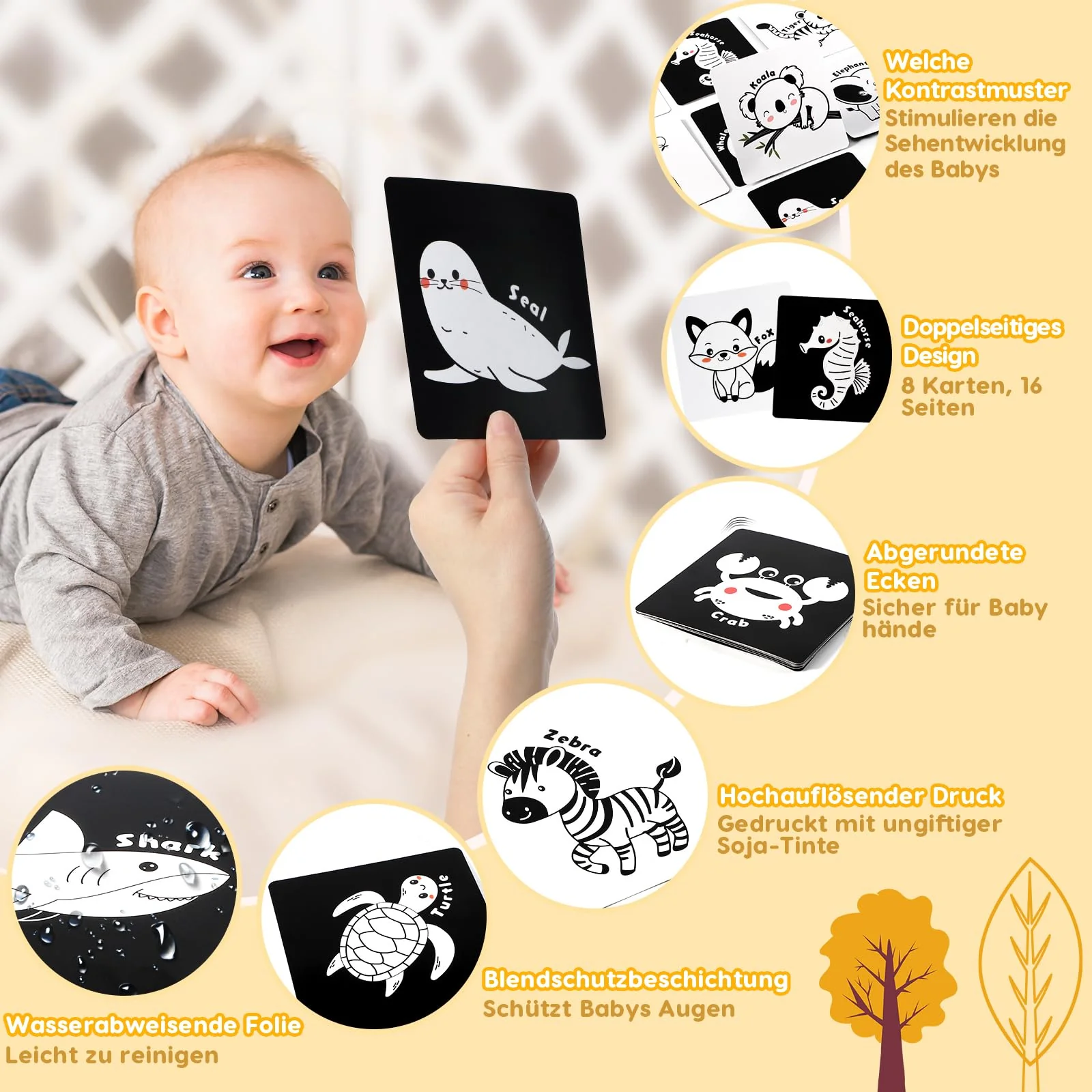 URMYWO Kontrastkarten Baby, Schwarz Weiß Doppelseitig Baby Stoffbuch, Kontrastbuch für Neugeborene Babys 0-3-6 Monate Visual Stimulus Lernkarten, Flashcard Kleinkinder Spielzeug Geschenk - Image 2