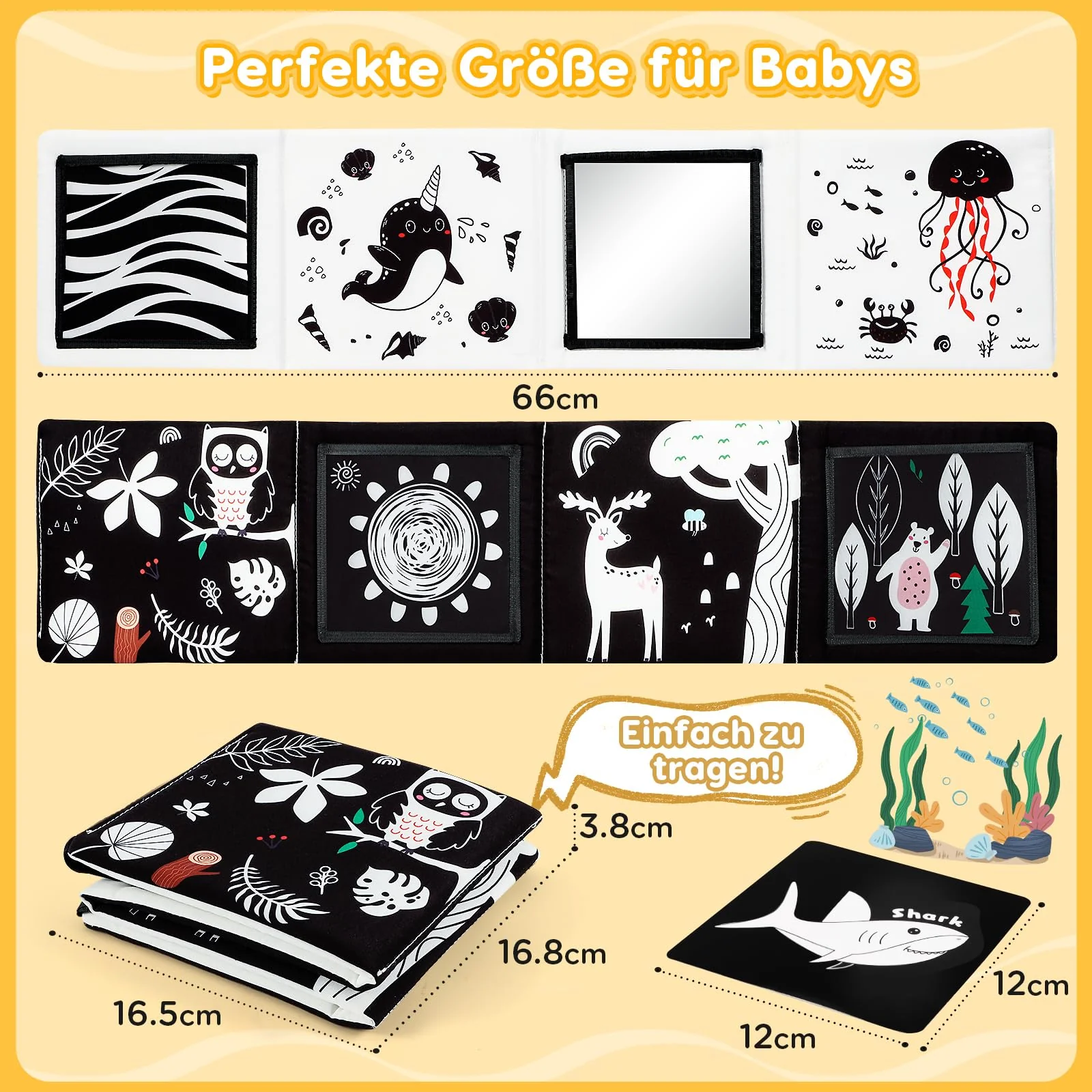 URMYWO Kontrastkarten Baby, Schwarz Weiß Doppelseitig Baby Stoffbuch, Kontrastbuch für Neugeborene Babys 0-3-6 Monate Visual Stimulus Lernkarten, Flashcard Kleinkinder Spielzeug Geschenk - Image 6