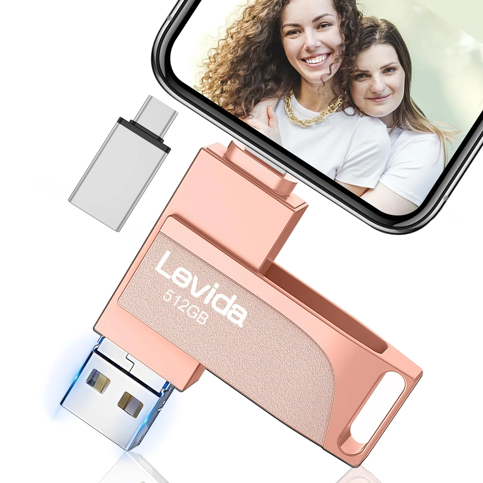 USB Stick 512GB für Phone,Levida Speicherstick,Photostick,Externer Speicher 4 in 1,Fotostick 3.0,Flash Drive für Handy,iOS,Android,Pad,Laptop,Pc(Mobile Memory,Automatic Photo Backup),Hellrosa - Image 3