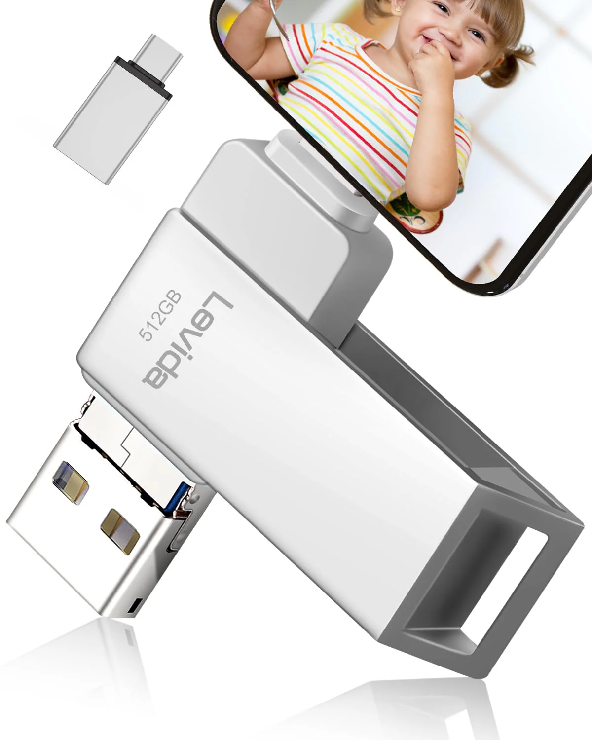 USB Stick 512GB,Levida Speicherstick USB 3.0 Photostick fotostick (Mobiler Speicher,Drehbares Design, Automatisches Backup) für IOS,Phone,Android Handy,Pad, Laptop UND Computer,PC,Silber