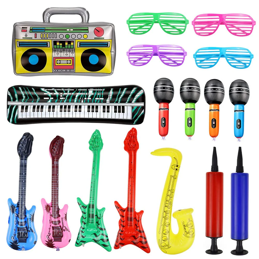 UYUYong 16 Stück Aufblasbare Instrumente Buntes Aufblasbare Gitarre Mikrofone Saxophon Aufblasbares Klavier Aufblasbarer Baß Aufblasbares Radio Gläser + Luftpumpe für Feiern Karneval