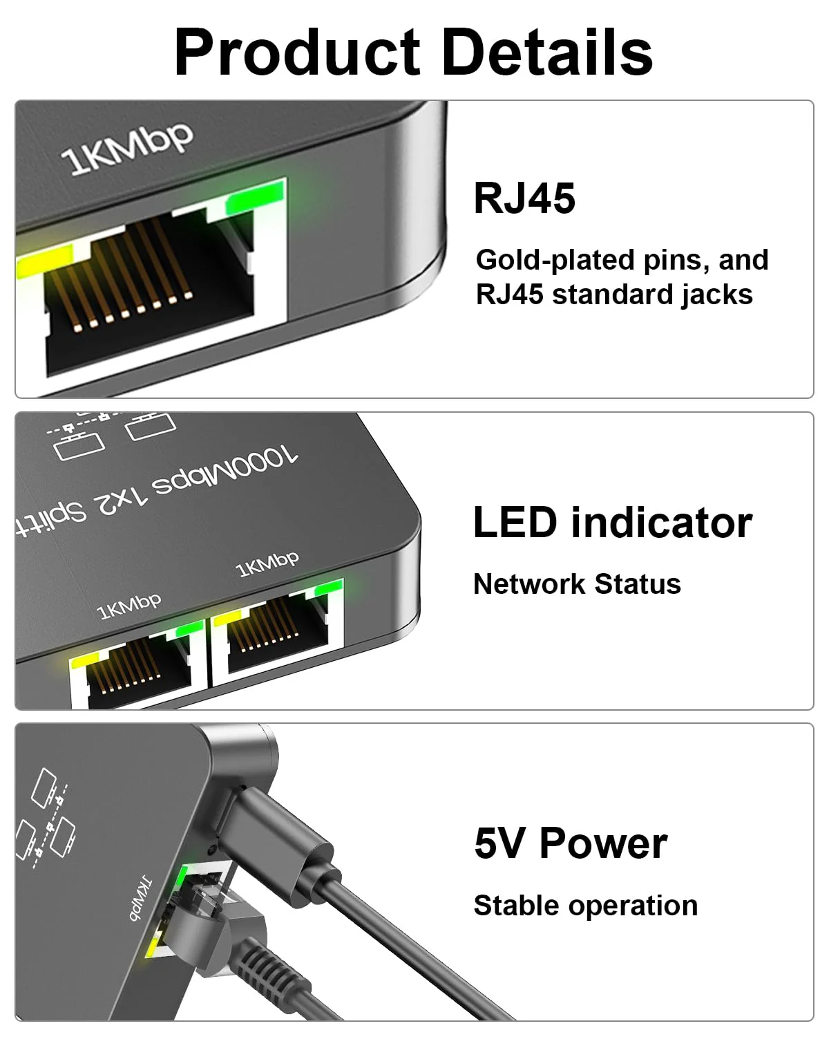 Uzifhdhi LAN Splitter 1 auf 2 mit Ethernet Kabel, Gigabit LAN Switch 2 Port 1000Mbps Ethernet Splitter für Computer, TV, Hub, Switch, Router, Set-Top Box,et. Grau - Image 3