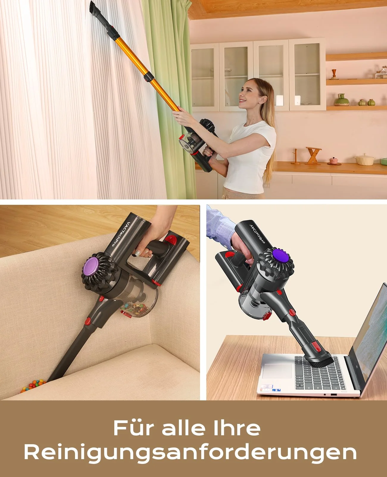 VACTechPro Akku Staubsauger kabellos,35KPa Kabelloser Staubsauger mit abnehmbarem Akku,bis zu 35min Laufzeit,6 in 1 Akkustaubsauger Tierhaare für Hartholzböden Teppich&Gold - Image 4