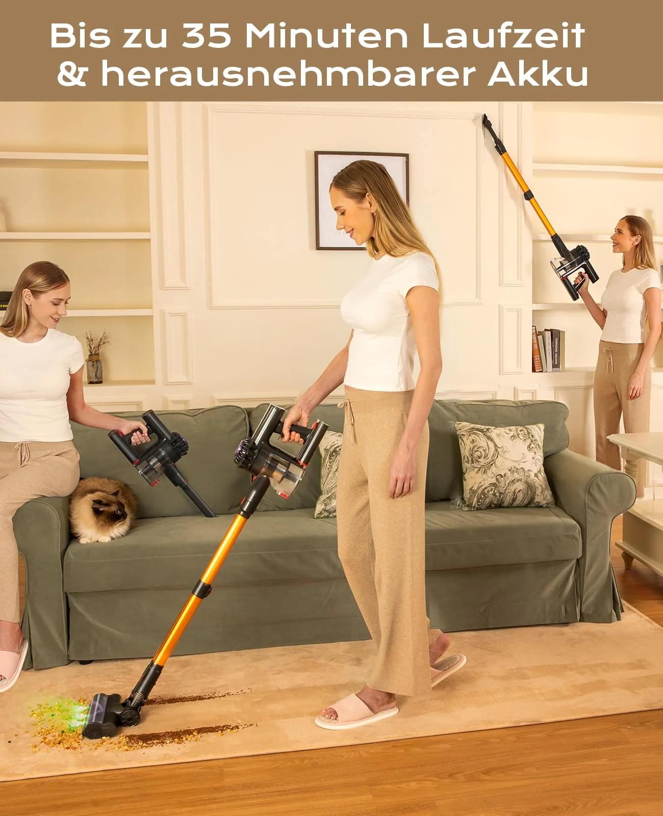 VACTechPro Akku Staubsauger kabellos,35KPa Kabelloser Staubsauger mit abnehmbarem Akku,bis zu 35min Laufzeit,6 in 1 Akkustaubsauger Tierhaare für Hartholzböden Teppich&Gold - Image 6