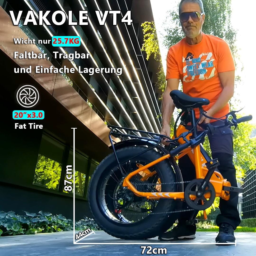VAKOLE VT4 E-Bike Klapprad 20 Zoll Tiefeinsteiger Elektrofahrräder mit 36V 13Ah Akku, 75Km Reichweite - 3.0 Zoll Reifen E-Fahrrad, 7-Gang Fatbike Ebike für Herren Damen - Image 4