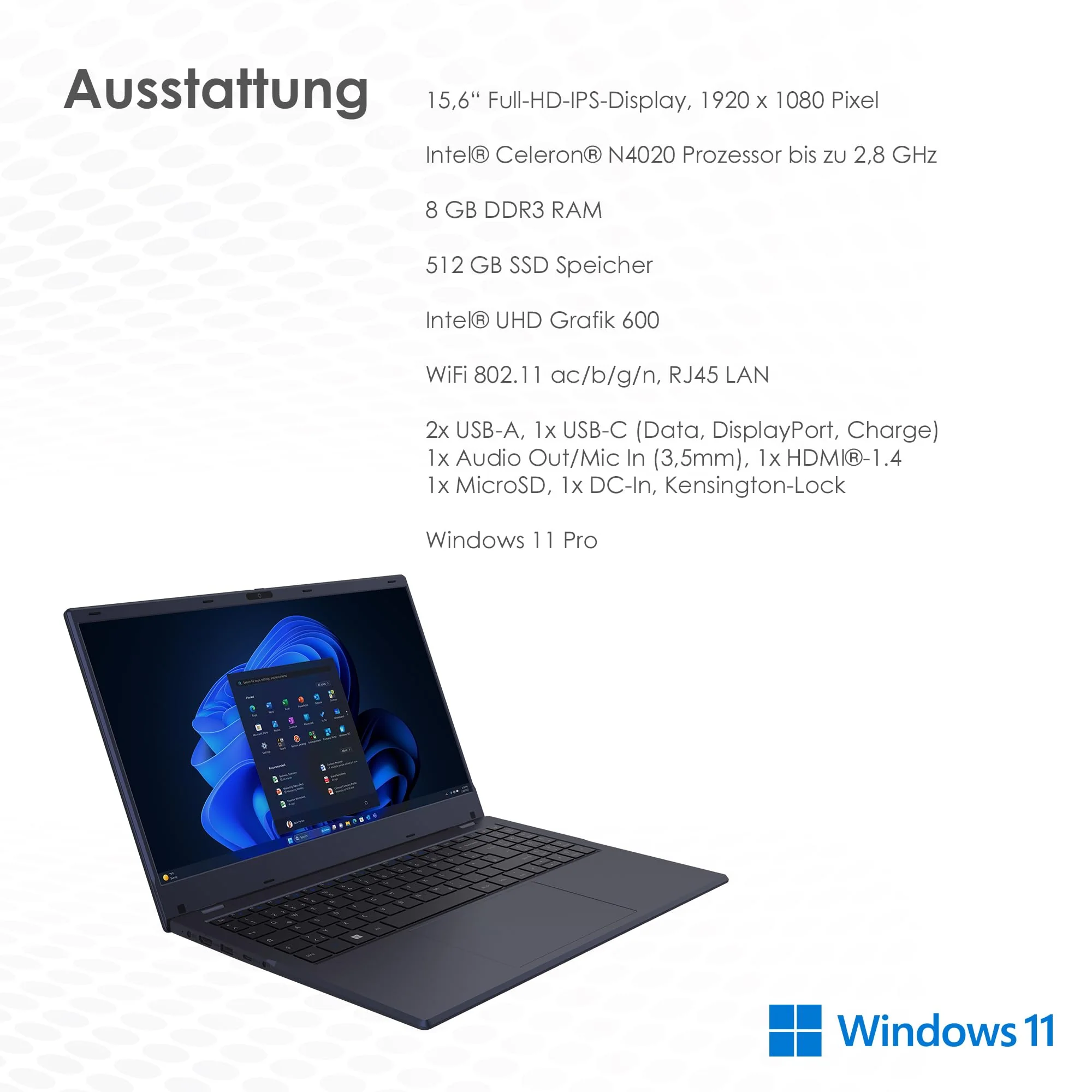 VALE V15A-N4020-8512D Notebook | 15,6" Full-HD IPS | Kompatibel mit Intel® Celeron™ N4020 Prozessor | 8 GB RAM | 512 GB SSD | Windows 11 Pro (N4020 + 8 + 512) - Image 8