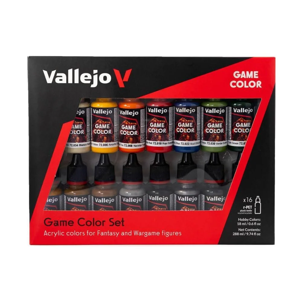 Vallejo Game Color Set de Pintura Acrílica - 16 Farben in 18 ml Flaschen mit Pipette - Starter-Set für Fantasy- und Wargaming-Figuren - Matt und Metallic - Ideal für Detailarbeiten.