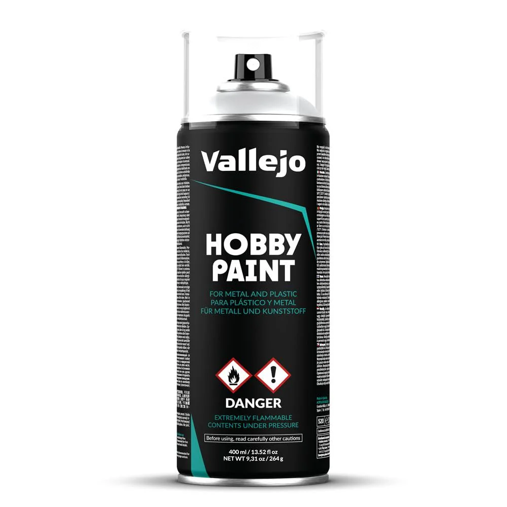 Vallejo Hobby Sprayfarbe Grau 400 Ml. Grundierungsspray für Modellbau und Modelle mit matter, selbstnivellierender Oberfläche. Aerosol-Basis mit 2 Sprühköpfen.