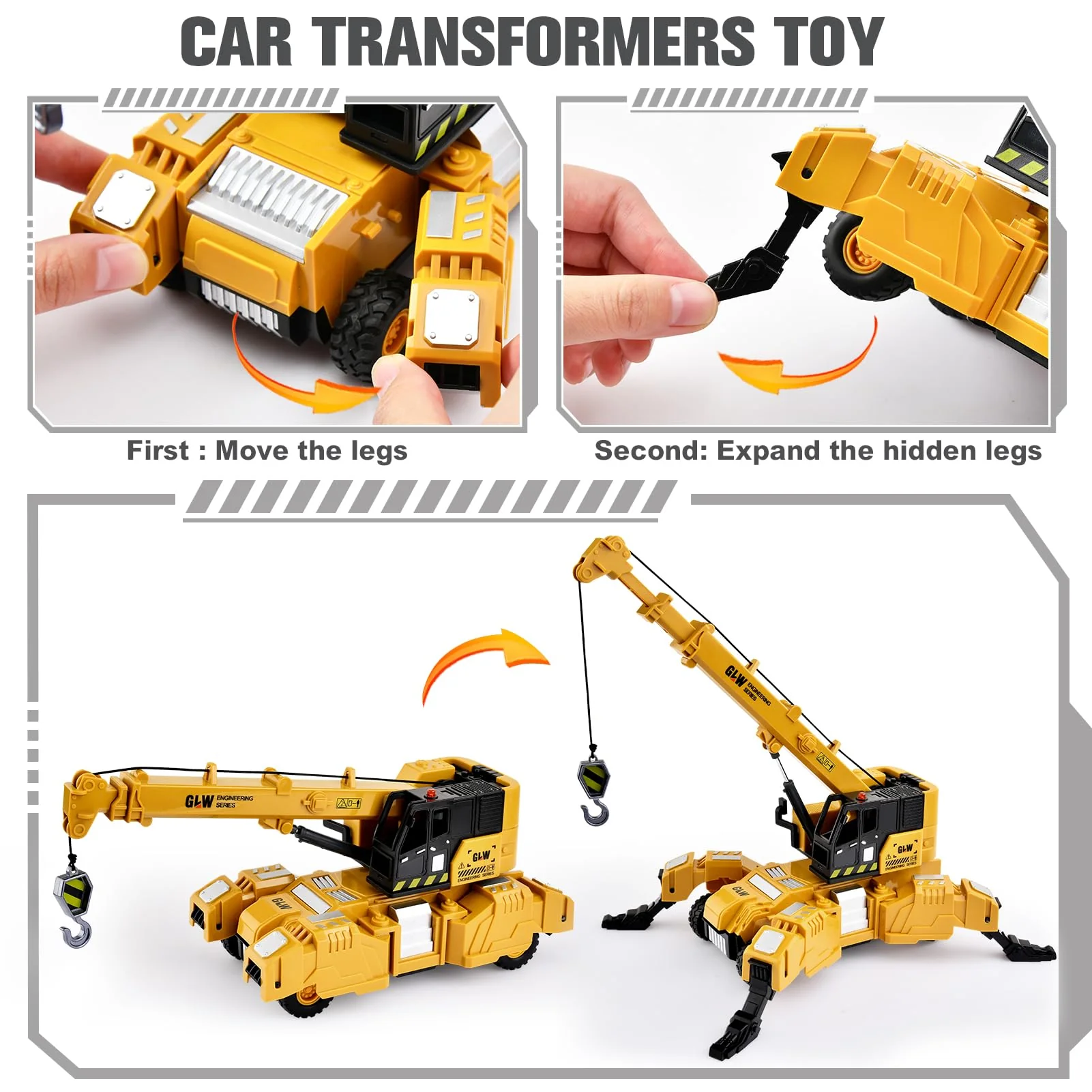 vamei Baustellen Fahrzeuge Spielzeug Metall Kunststoff Kran Spielzeugautos Baufahrzeuge LKW Spielzeug Kinder Transformierbar Lastwagen Spielzeug Geschenk für Jungen 3 4 5 6 Jahre (Kran) - Image 4