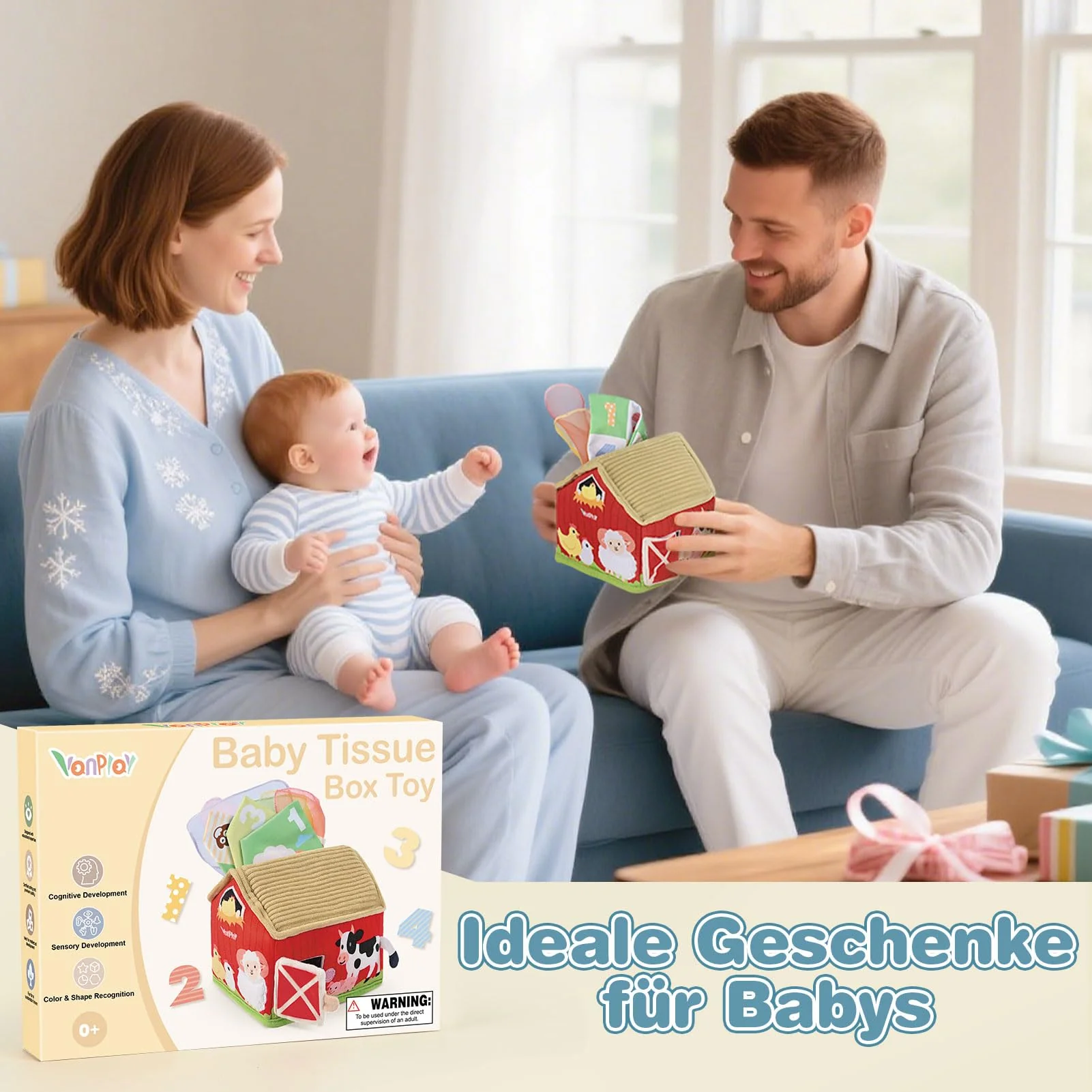 Vanplay Baby Spielzeug 6 Monate, Montessori Spielzeug Bauernhof-Thema Tissue Box Spielzeug mit Schal und Spiegel, Baby Geschenk 6 12 Monate Mädchen Junge - Image 2