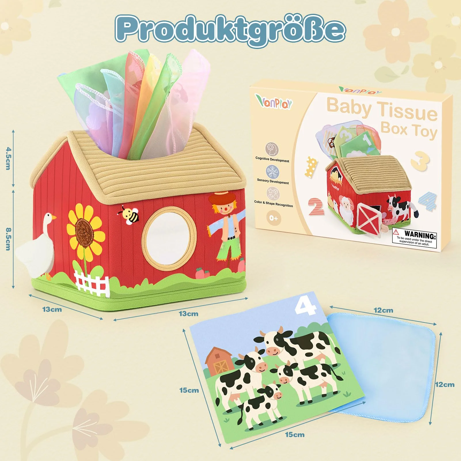 Vanplay Baby Spielzeug 6 Monate, Montessori Spielzeug Bauernhof-Thema Tissue Box Spielzeug mit Schal und Spiegel, Baby Geschenk 6 12 Monate Mädchen Junge - Image 3