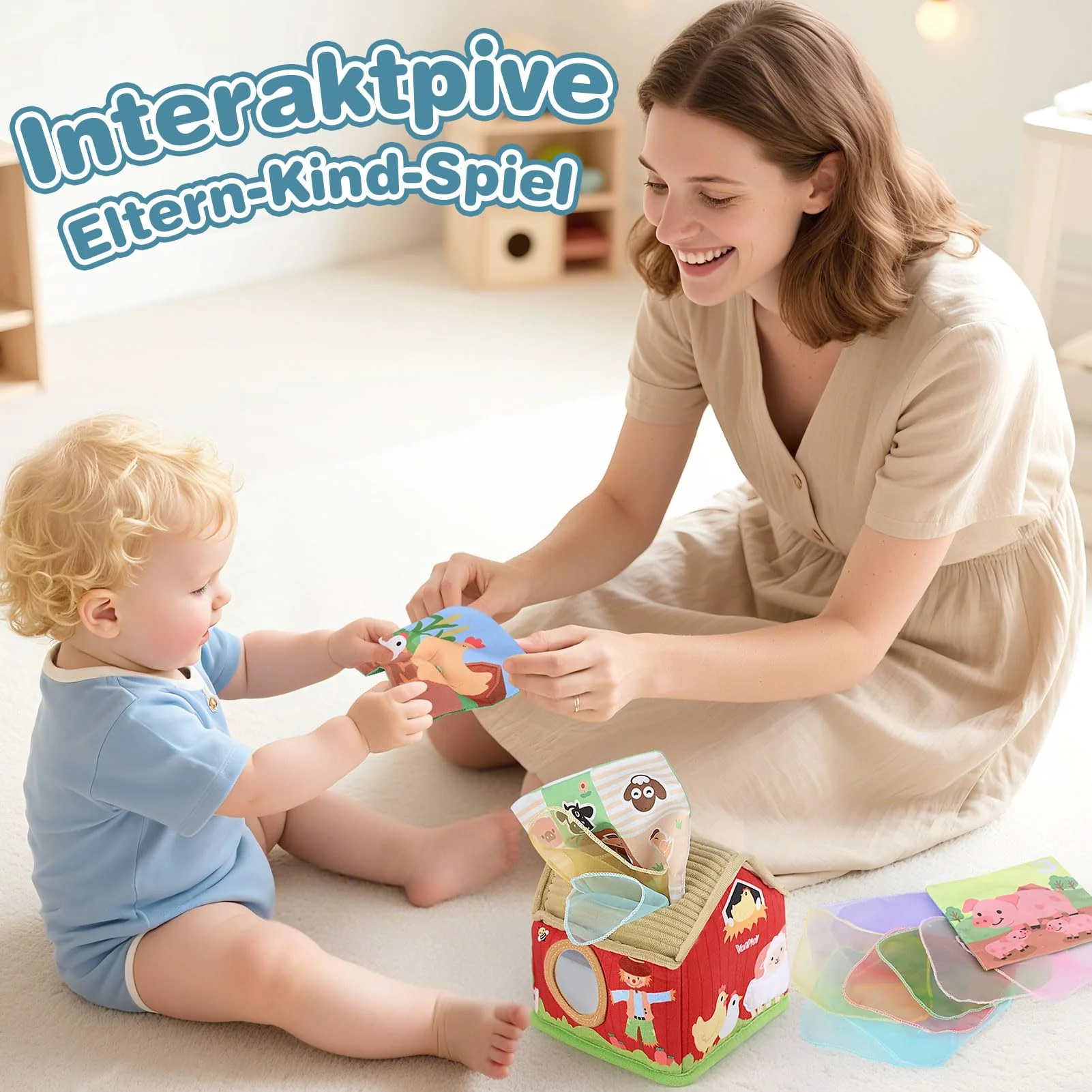 Vanplay Baby Spielzeug 6 Monate, Montessori Spielzeug Bauernhof-Thema Tissue Box Spielzeug mit Schal und Spiegel, Baby Geschenk 6 12 Monate Mädchen Junge - Image 4