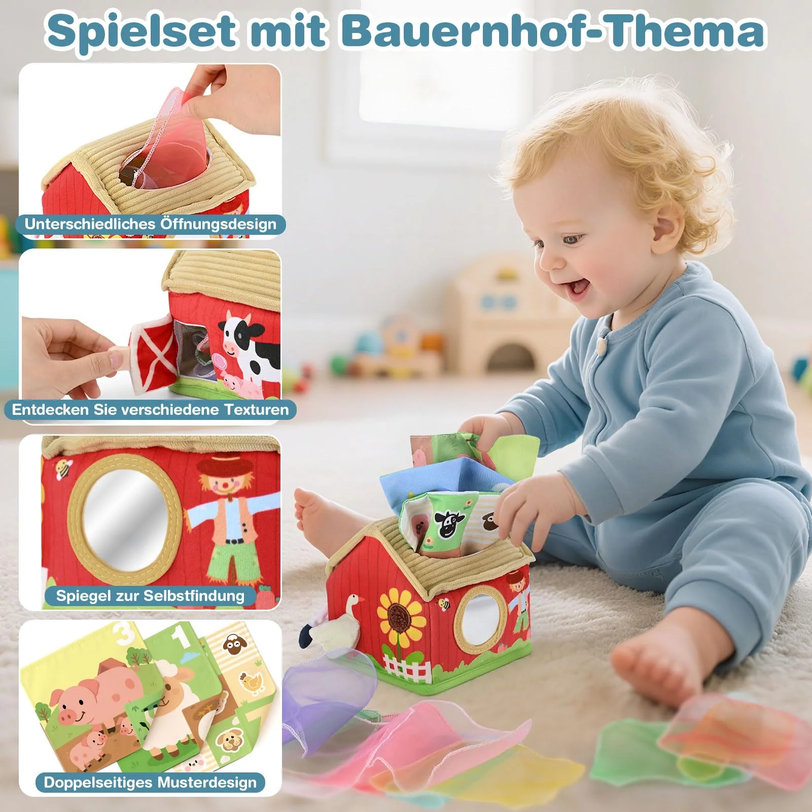 Vanplay Baby Spielzeug 6 Monate, Montessori Spielzeug Bauernhof-Thema Tissue Box Spielzeug mit Schal und Spiegel, Baby Geschenk 6 12 Monate Mädchen Junge - Image 6