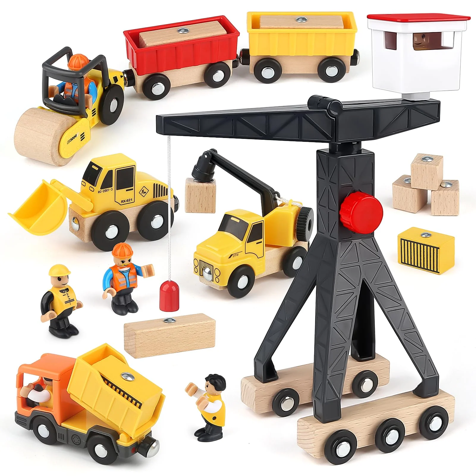 Vanplay Baustellenfahrzeuge Kinder Kran Spielzeug Holzspielzeug Baustelle Spielzeug ab 3 Jahre Junge mit Turmkran Bagger Kranwagen Muldenkipper Straßenwalze Geschenk 3 4 5 Jahre Junge