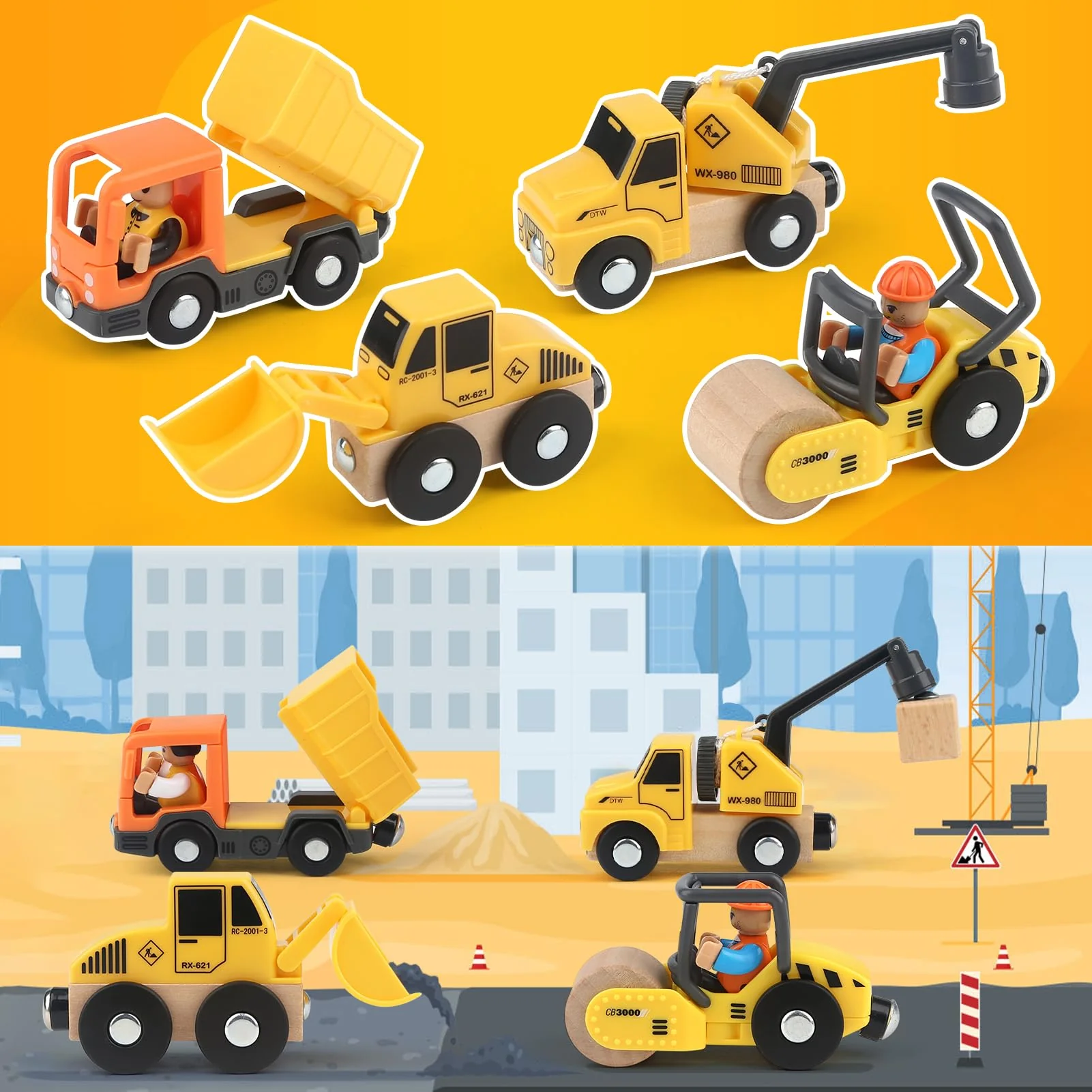 Vanplay Baustellenfahrzeuge Kinder Kran Spielzeug Holzspielzeug Baustelle Spielzeug ab 3 Jahre Junge mit Turmkran Bagger Kranwagen Muldenkipper Straßenwalze Geschenk 3 4 5 Jahre Junge - Image 2