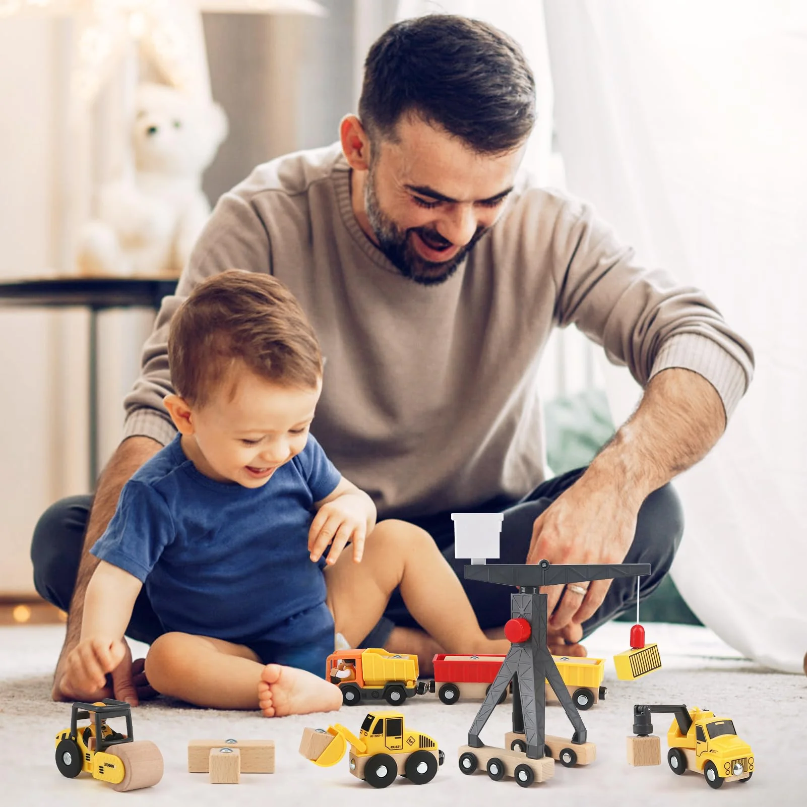 Vanplay Baustellenfahrzeuge Kinder Kran Spielzeug Holzspielzeug Baustelle Spielzeug ab 3 Jahre Junge mit Turmkran Bagger Kranwagen Muldenkipper Straßenwalze Geschenk 3 4 5 Jahre Junge - Image 7