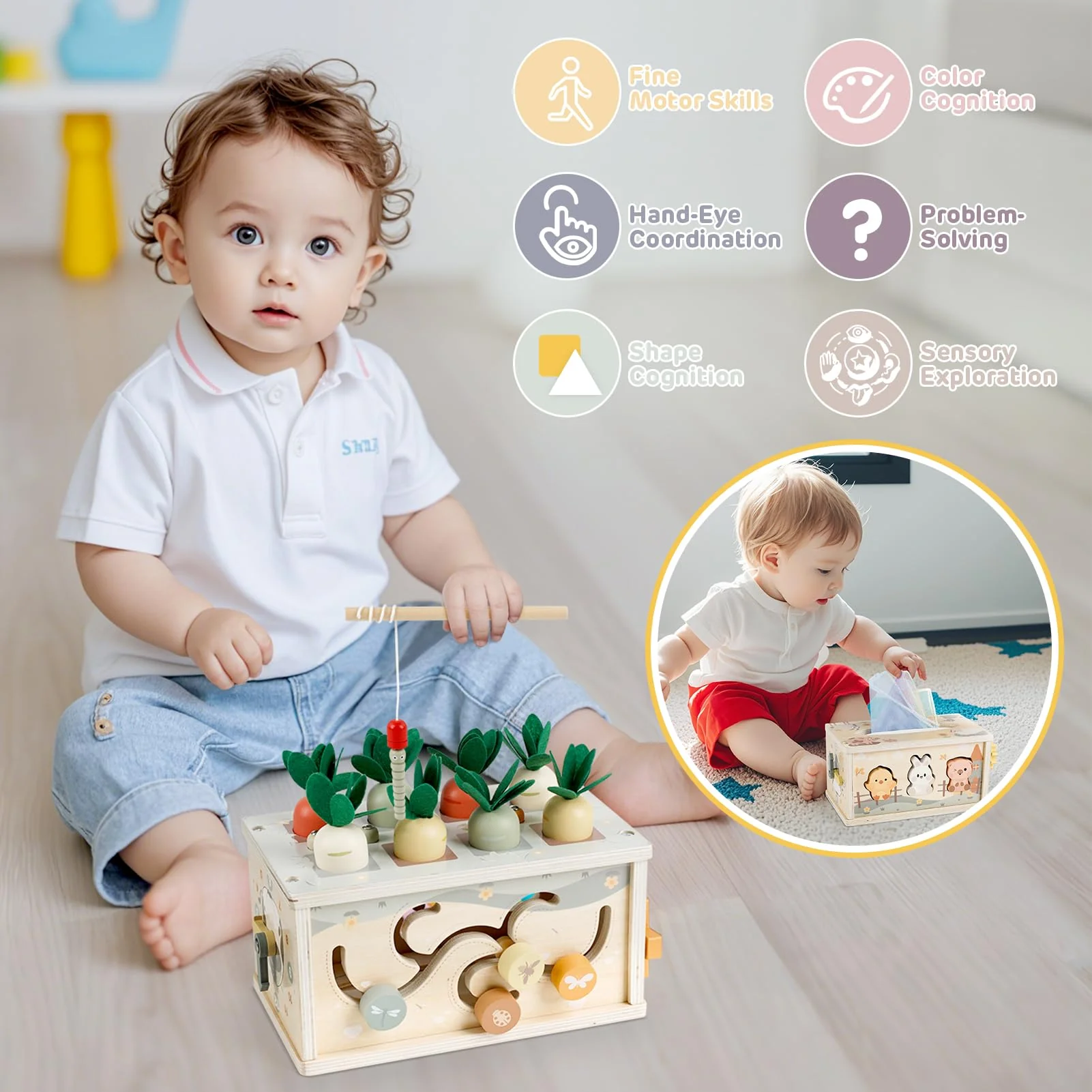 Vanplay Montessori Spielzeug Baby 12 Monate, 6 in 1 Tücherbox Baby Spielzeug ab 1 Jahr, Holzspielzeug Motorikspielzeug ab 1 2 3 Jahre Mädchen Junge, Geschenk Kind 1 Jahr - Image 7