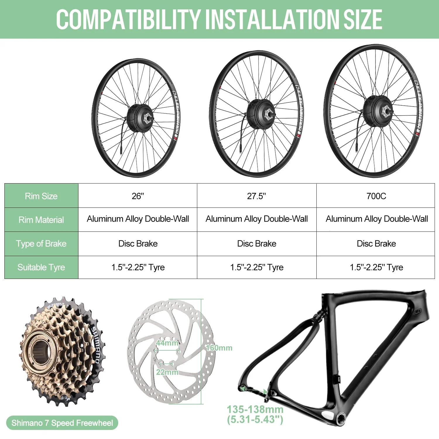 Varstrom 27,5 Zoll Ebike Umbausatz 36V 250W mit optionale Batterie und Display Elektrofahrrad Umbausatz mit 7-Gang Freilauf-Kassette für Freewheel Gearshife E-Bike Hinterrad Bürstenloser Motor - Image 7