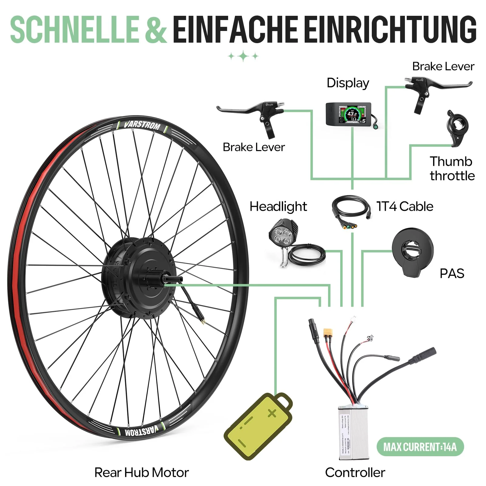 Varstrom 36V250W Ebike Umbausatz Bürstenloser Hinterradmotor für 26 Zoll Fahrrad mit Multifunktionellem 500C LCD Display, PAS Sensor, Regler- Elektrofahrräder Nabenmotor Kits - Image 4