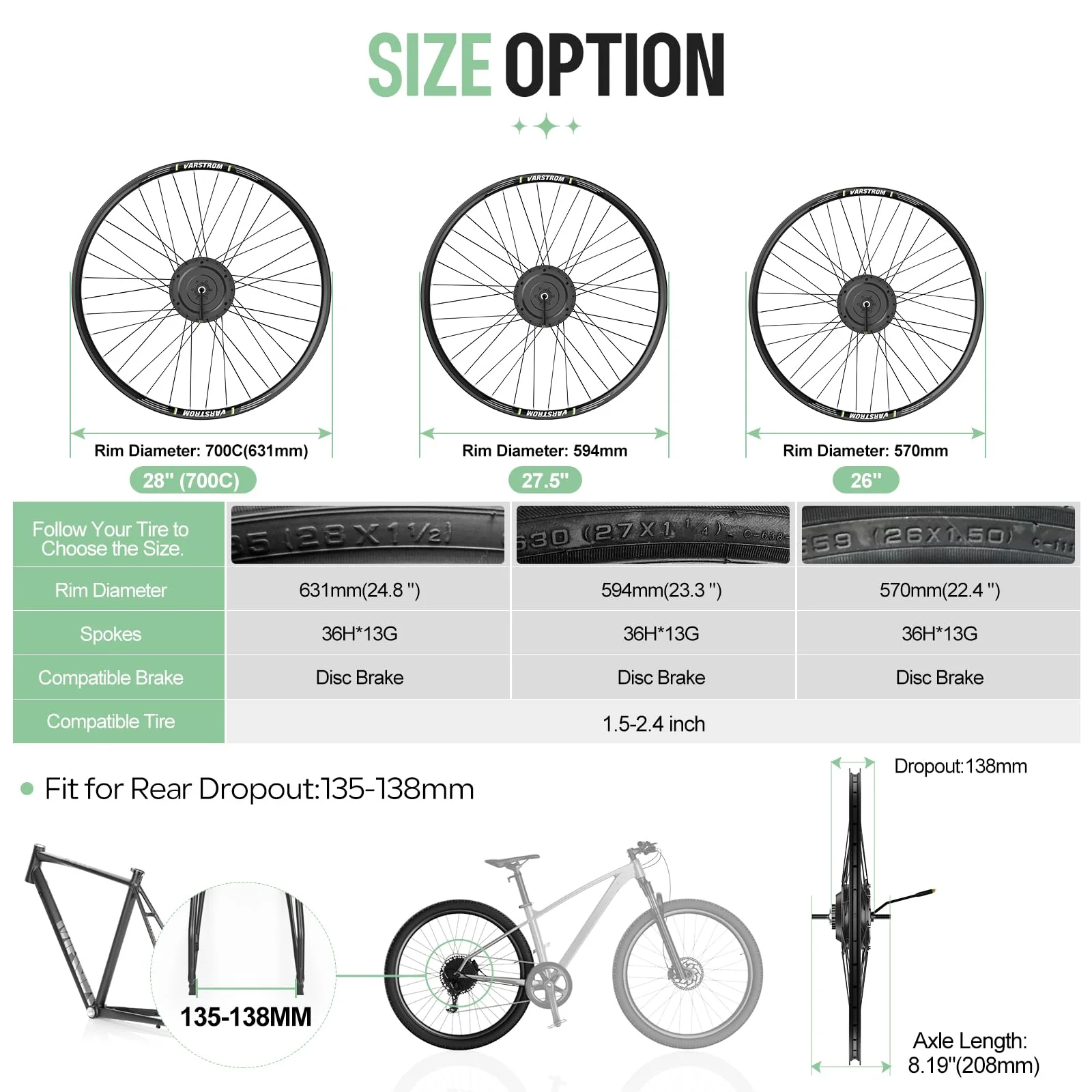 Varstrom Ebike Umbausatz 250W mit Akku 36V13Ah Unterrohr Batterie 26/28 Zoll Ebike Umbausatz E-Bike Hinterrad Bürstenloser Motor Elektrofahrrad Conversion Kit für Scheibenbremse Fahrrad - Image 2