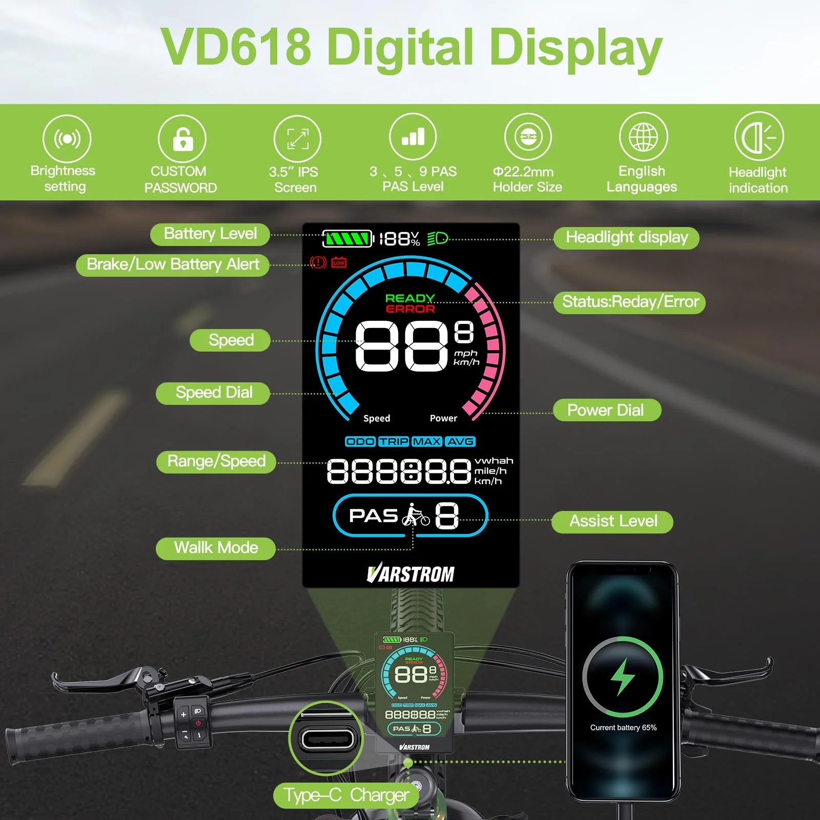 Varstrom VD618 Display für BAFANG-Kit – Kompatibel mit M200 M400 M500 M600 M620 M420 M510 M625 M325 M225 Mittelmotoren und den neuesten 2025 BBS01B BBS02B HD Kits (Dreieck-Stecker) - Image 5