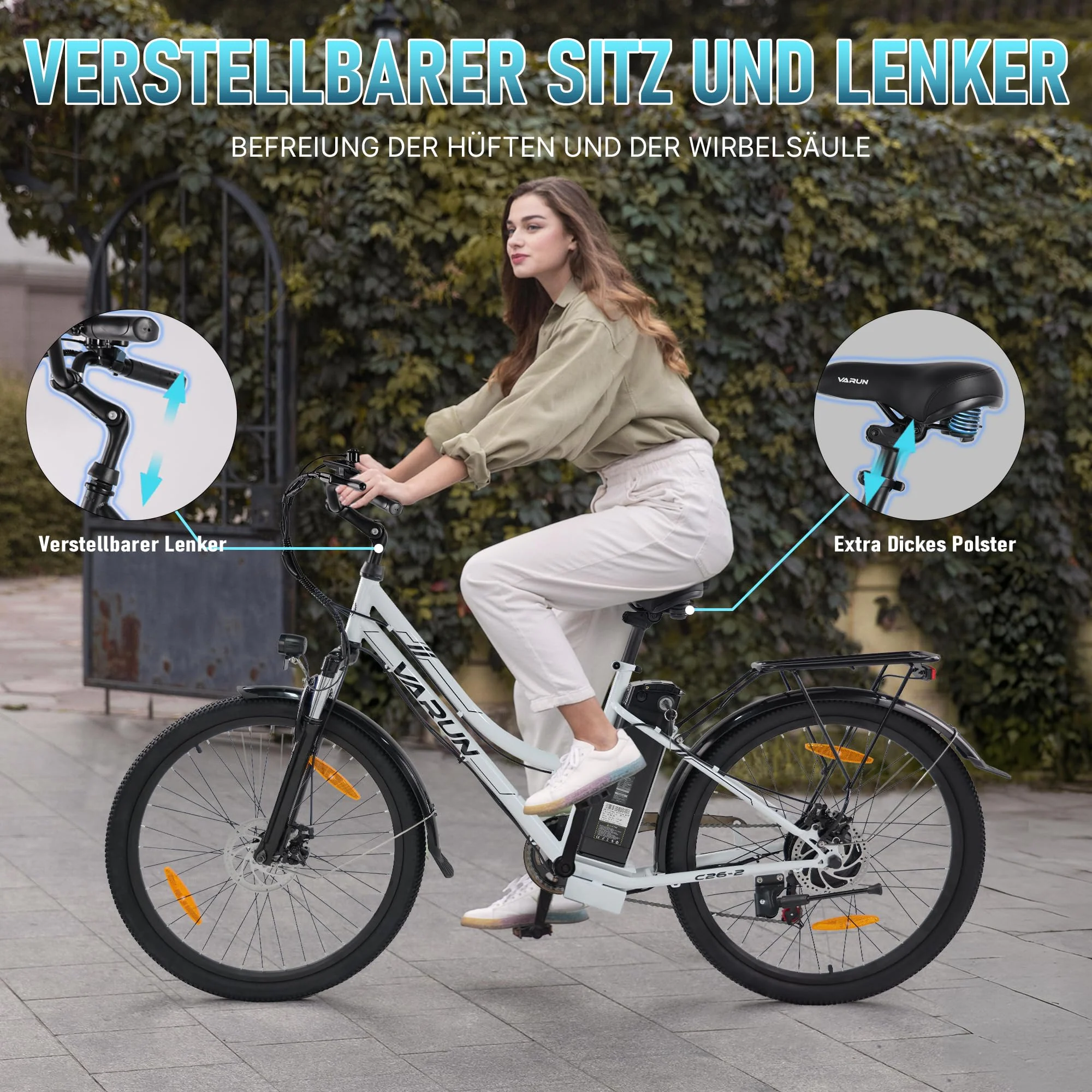VARUN E-Bike, 26" Elektrofahrrad Damen Herren, Trekking Pedelec mit 48V Lithium Akku, 250W 55NM Motor, E-Fahrrad mit 5 Modi, 7-Gang, LCD-Display, Cruise Citybike Electric Bike bis zu 80KM - Image 3
