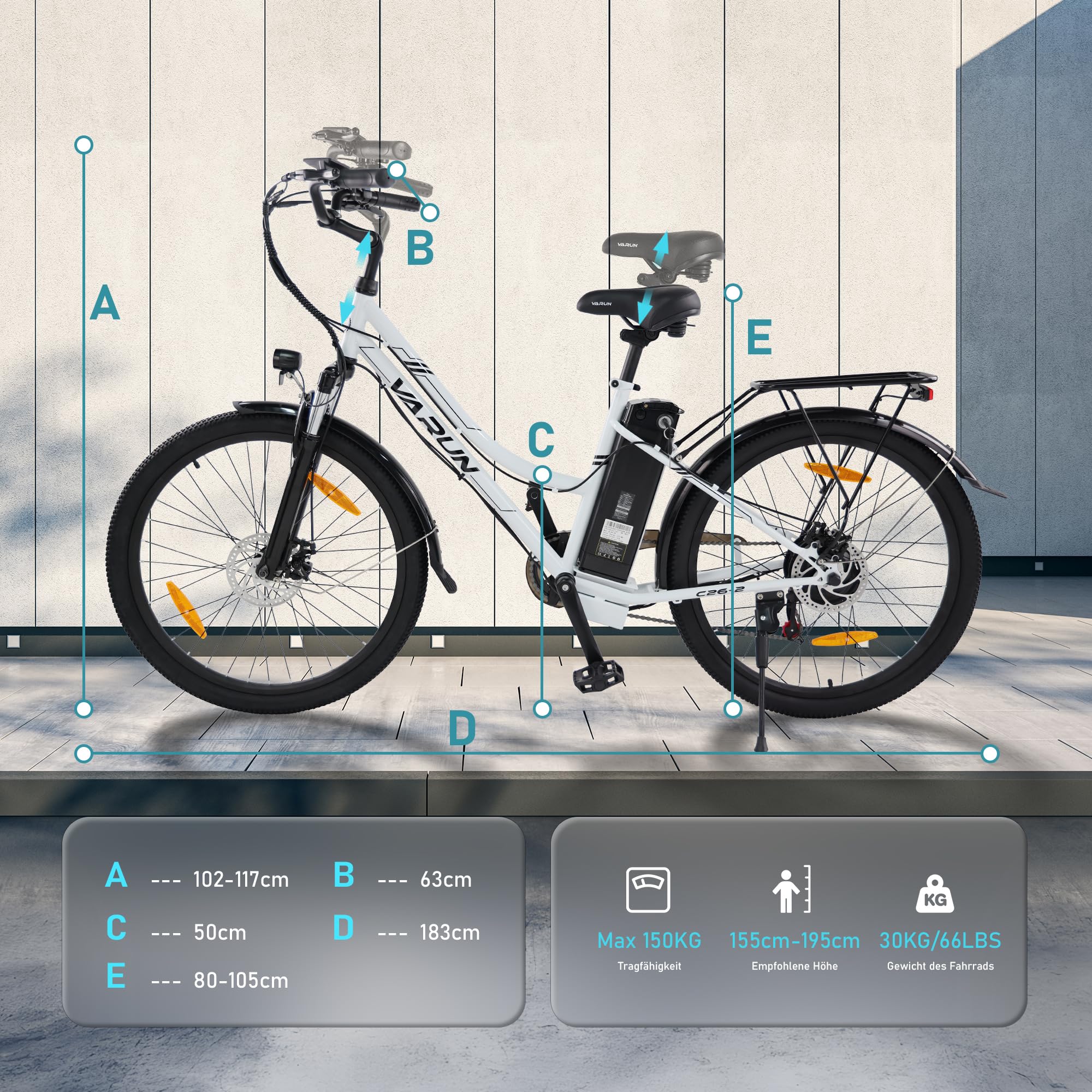 VARUN E-Bike, 26" Elektrofahrrad Damen Herren, Trekking Pedelec mit 48V Lithium Akku, 250W 55NM Motor, E-Fahrrad mit 5 Modi, 7-Gang, LCD-Display, Cruise Citybike Electric Bike bis zu 80KM - Image 5