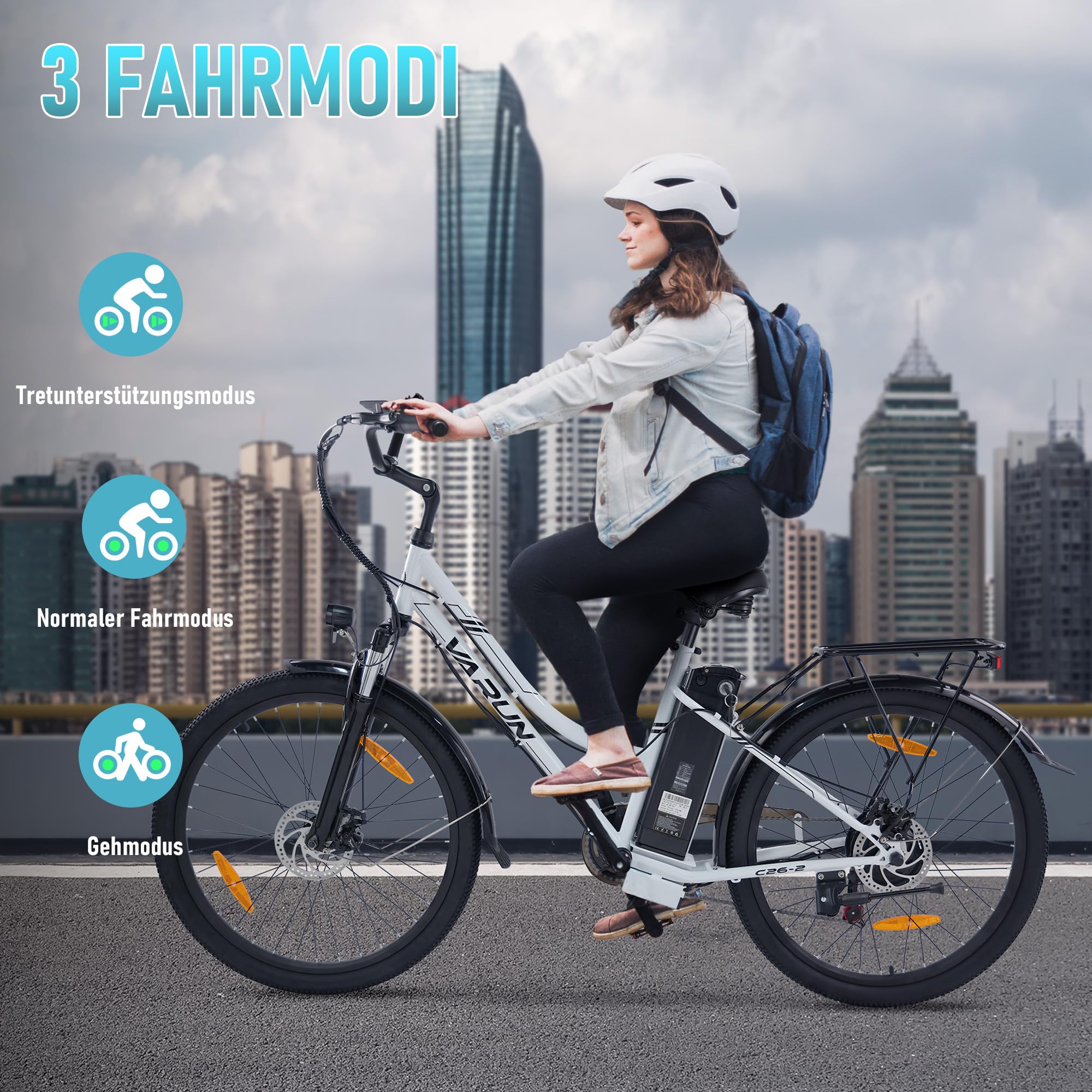 VARUN E-Bike, 26" Elektrofahrrad Damen Herren, Trekking Pedelec mit 48V Lithium Akku, 250W 55NM Motor, E-Fahrrad mit 5 Modi, 7-Gang, LCD-Display, Cruise Citybike Electric Bike bis zu 80KM - Image 6