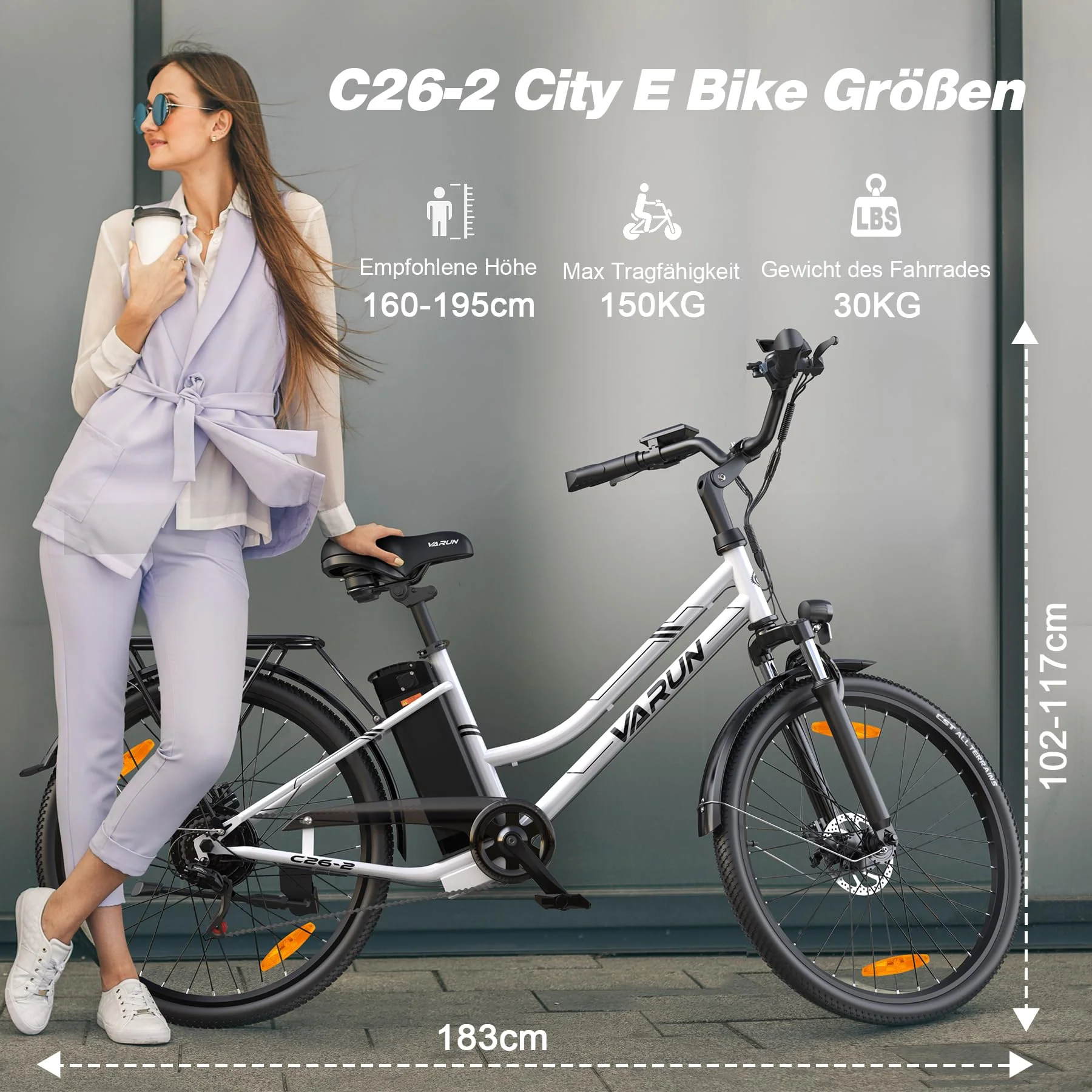 VARUN E Bike 26 Zoll, City E-Bike Damen Herren mit 250W Motor, 𝟒𝟖𝐕 Li-Ion Akku, Elektrofahrrad mit 𝐋𝐂𝐃 Display, 𝟒 Fahrmodi, City E-Fahrrad mit bis zu 𝟖𝟎𝐊𝐌 - Image 2