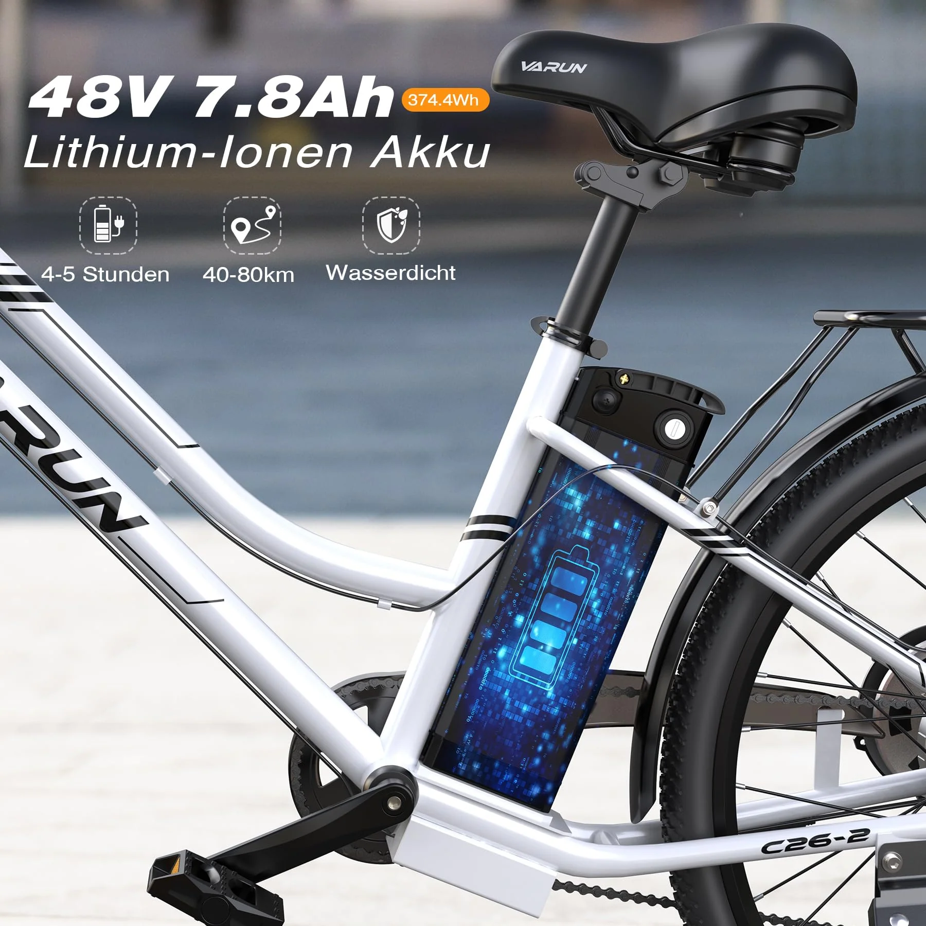 VARUN E Bike 26 Zoll, City E-Bike Damen Herren mit 250W Motor, 𝟒𝟖𝐕 Li-Ion Akku, Elektrofahrrad mit 𝐋𝐂𝐃 Display, 𝟒 Fahrmodi, City E-Fahrrad mit bis zu 𝟖𝟎𝐊𝐌 - Image 6