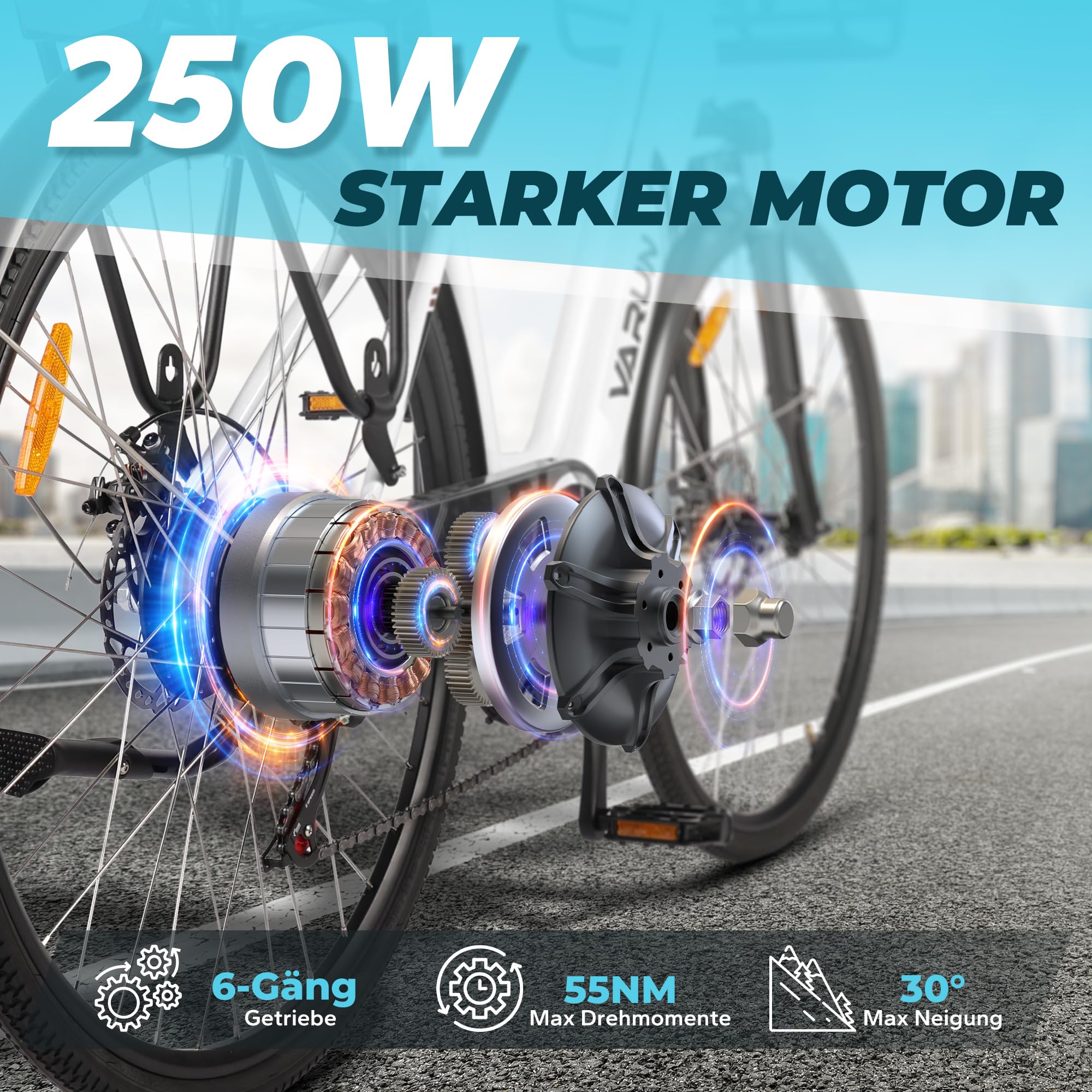 VARUN E-Bike Damen 28 Zoll City Bike Tiefeinsteiger | 36V 360Wh Akku | Drehmomentsensor | 3 Modi, 6-Gang, LCD | CE, mit Korb & Gepäckträger | 90% vormontiert - Image 3