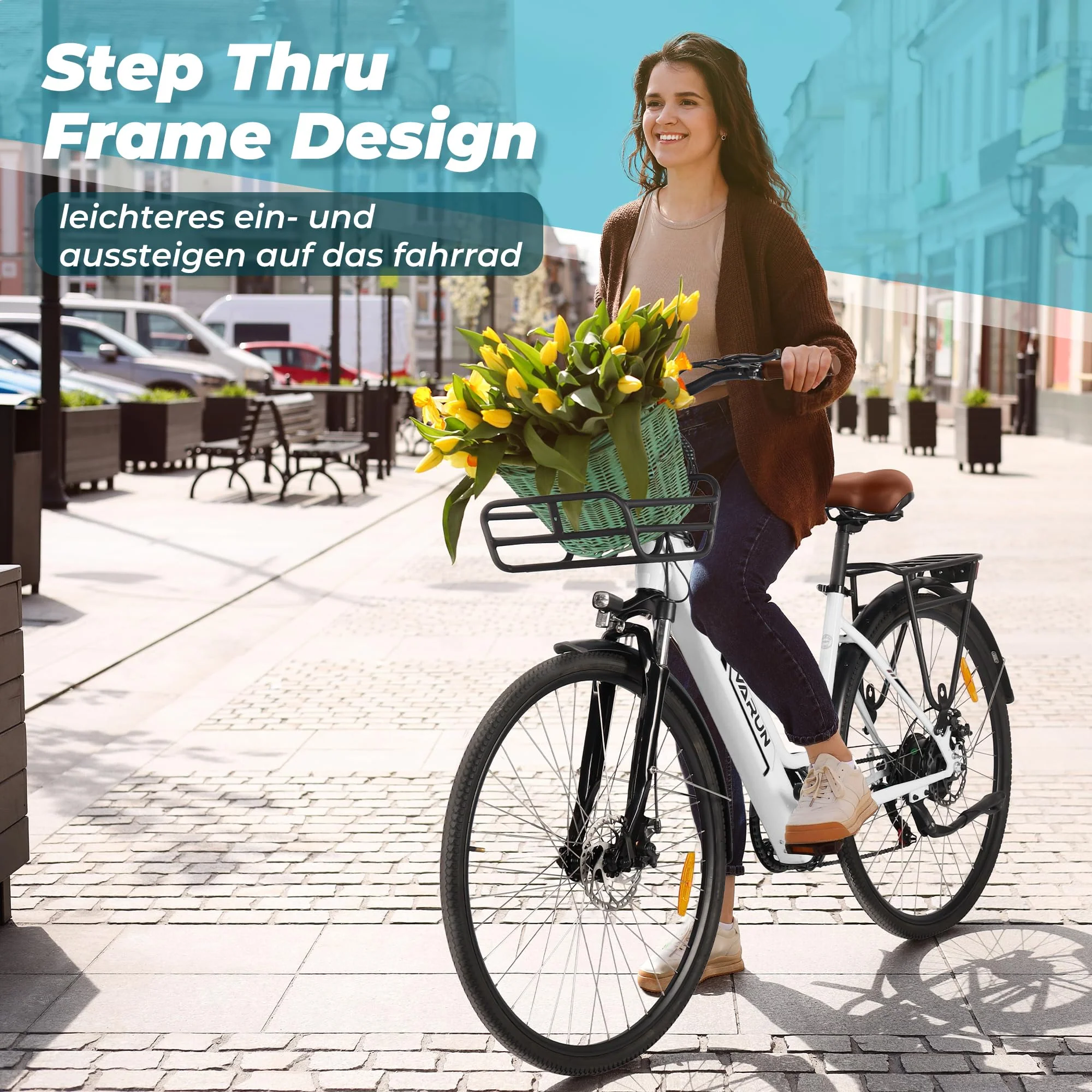 VARUN E-Bike Damen 28 Zoll City Bike Tiefeinsteiger | 36V 360Wh Akku | Drehmomentsensor | 3 Modi, 6-Gang, LCD | CE, mit Korb & Gepäckträger | 90% vormontiert - Image 4
