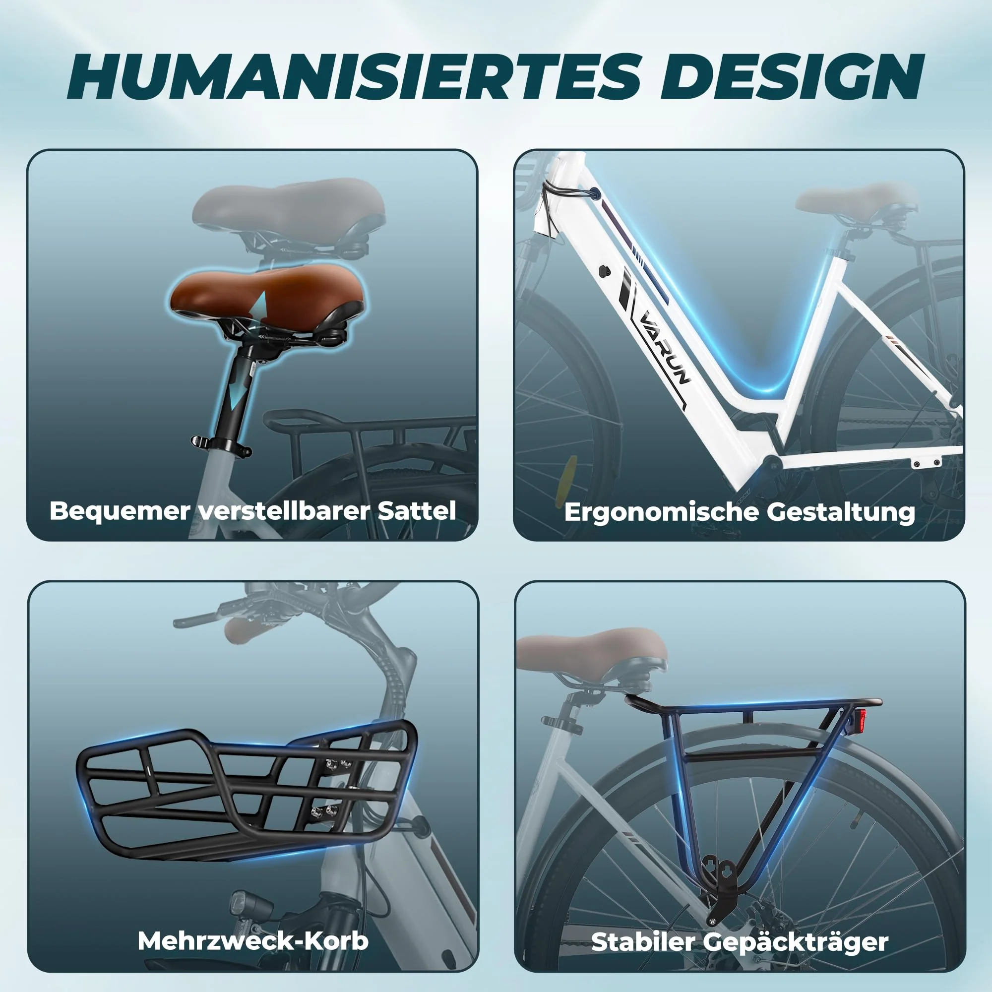 VARUN E-Bike Damen 28 Zoll City Bike Tiefeinsteiger | 36V 360Wh Akku | Drehmomentsensor | 3 Modi, 6-Gang, LCD | CE, mit Korb & Gepäckträger | 90% vormontiert - Image 5