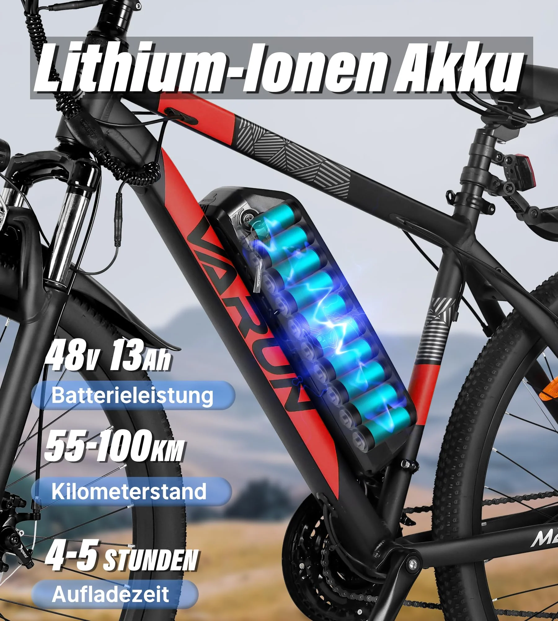 VARUN E Bike Herren Damen 27,5 Zoll E-Mountainbike mit 250W Motor 48V 13Ah Li-Ion Akku, Elektrofahrrad mit 21-Gang-Getriebe, LCD-Display, Federgabel MTB, Laufleistung 50-100KM - Image 4